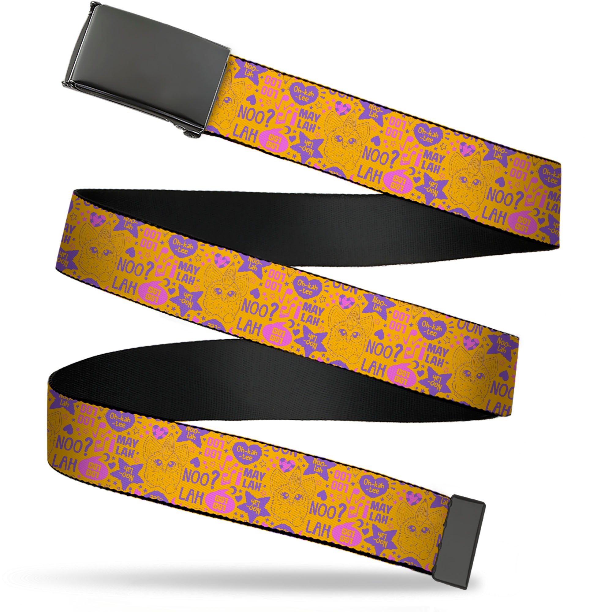 Web Belt Blank Black Buckle - Furby Furbish Phrases and Icons Orange/Pink/Purple Webbing Web Belts Furby