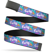 Web Belt Blank Black Buckle - FURBY Title Logo and Fur Prints Collage Multi Color/White Webbing Web Belts Furby