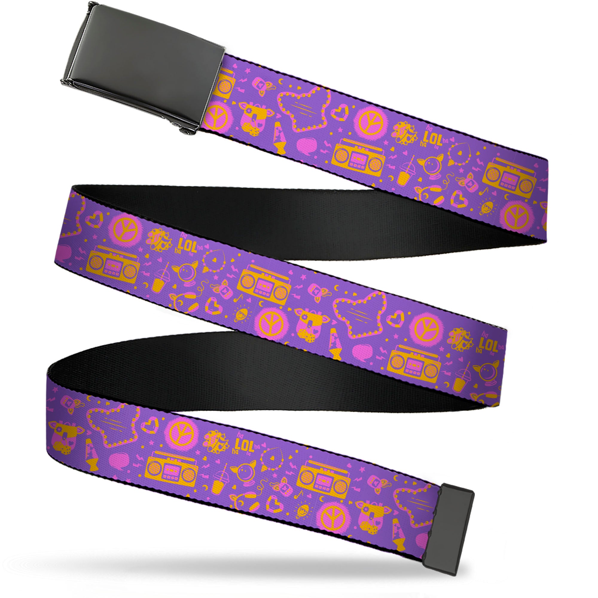 Web Belt Blank Black Buckle - Furby Icons Collage Purples/Orange/Pinks Webbing Web Belts Furby