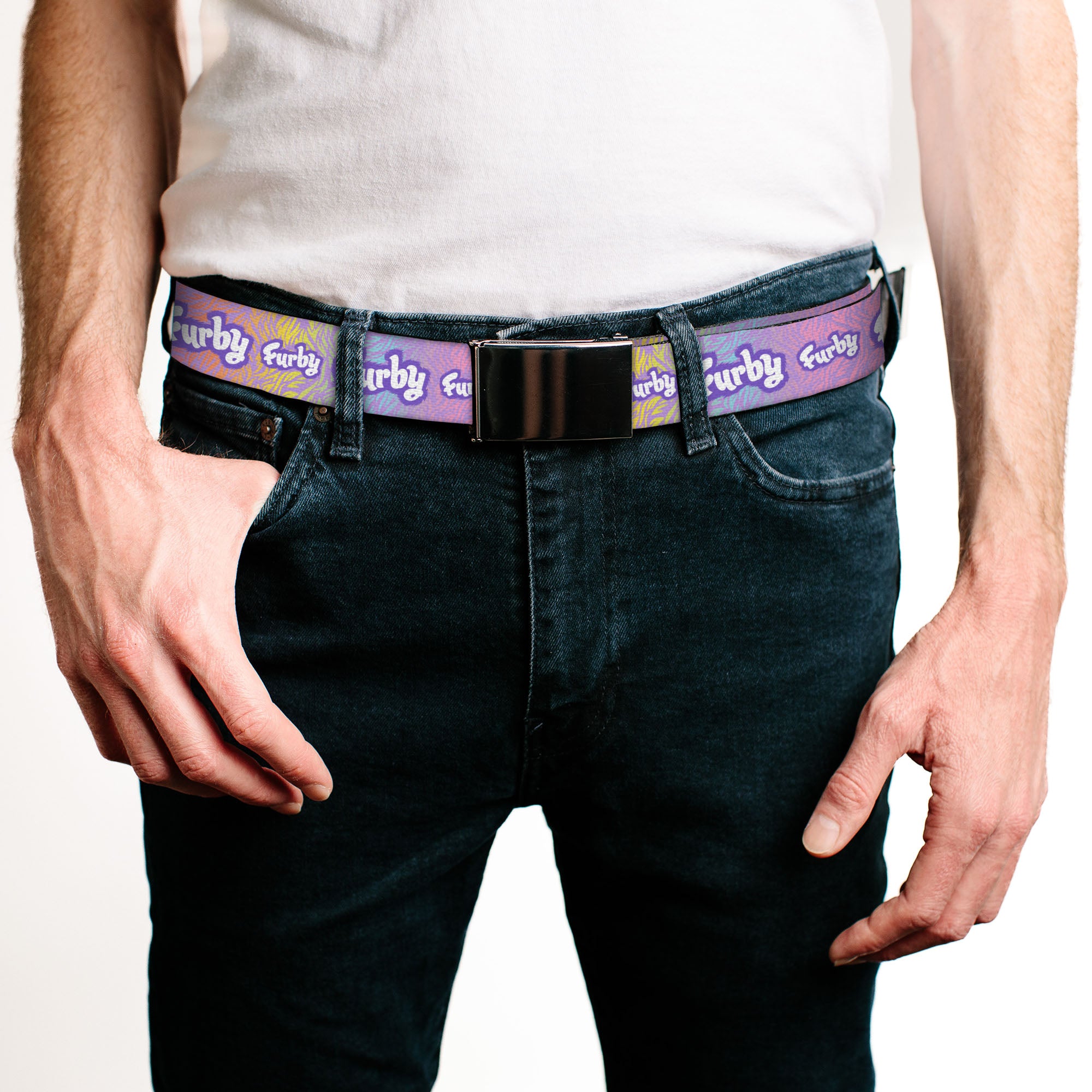 Web Belt Blank Black Buckle - FURBY Title Logo Fur Print White/Lavender/Purple Webbing Web Belts Furby