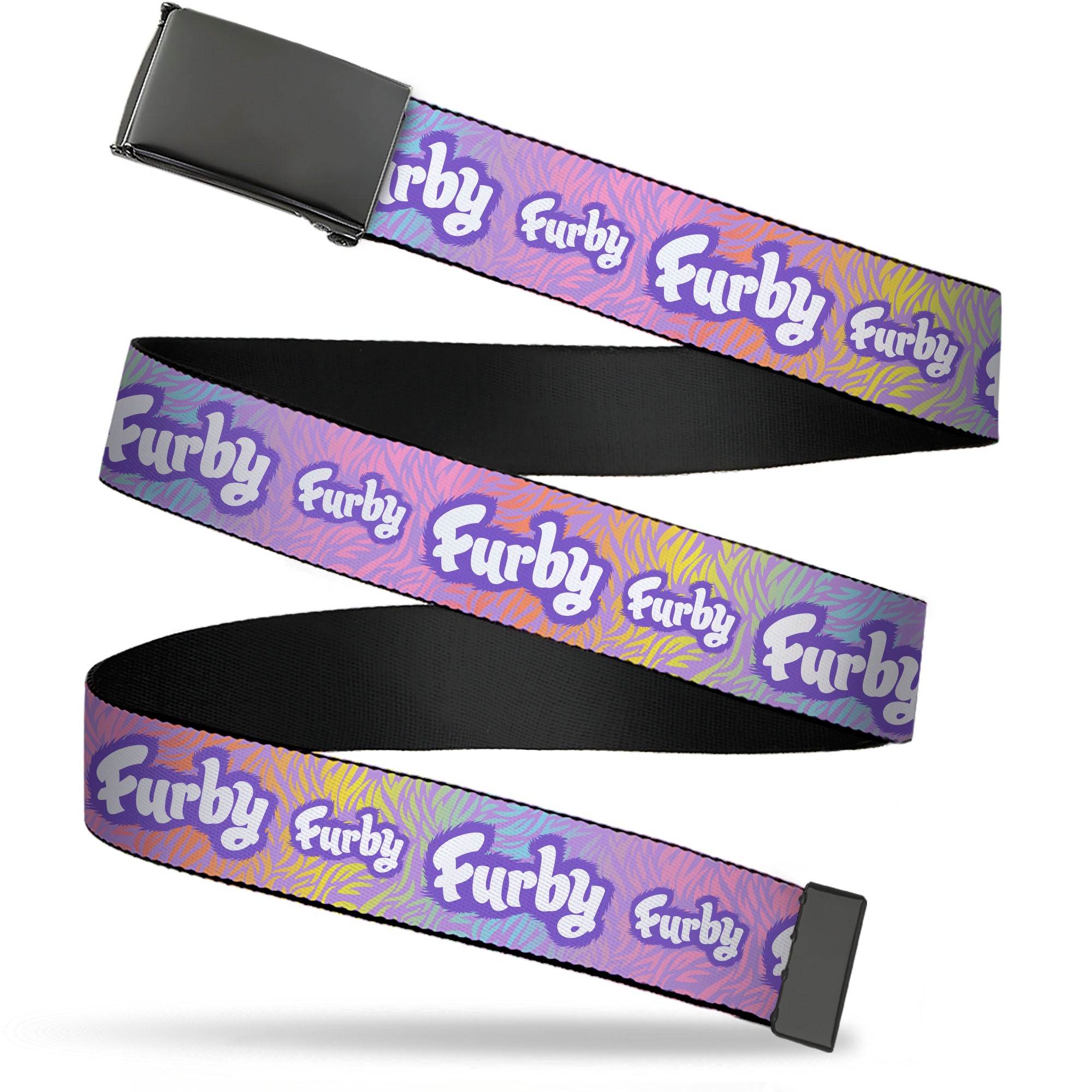 Web Belt Blank Black Buckle - FURBY Title Logo Fur Print White/Lavender/Purple Webbing Web Belts Furby