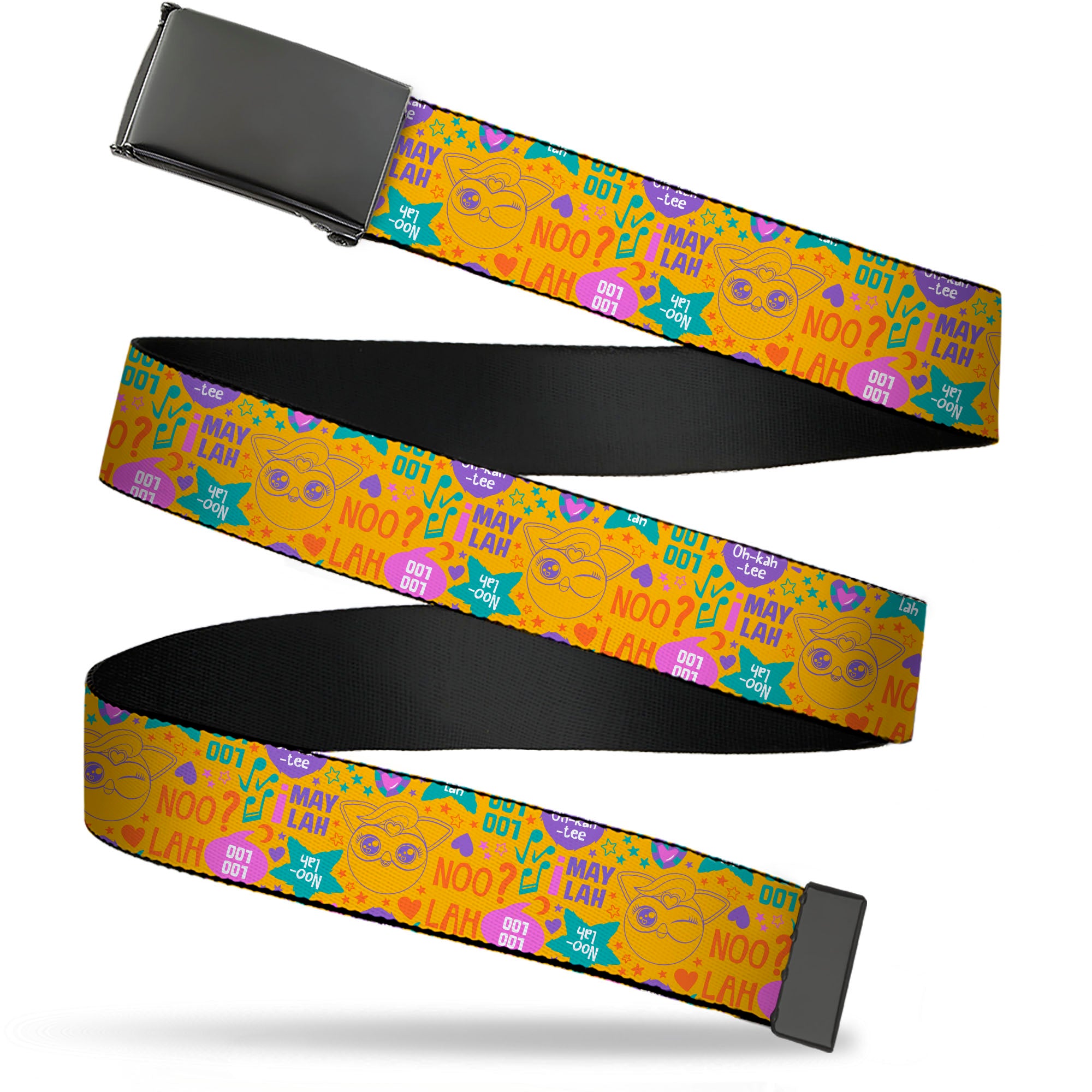 Web Belt Blank Black Buckle - Furby Furbmoji and Furbish Phrases and Icons Orange/Pink/Purple Webbing Web Belts Furby