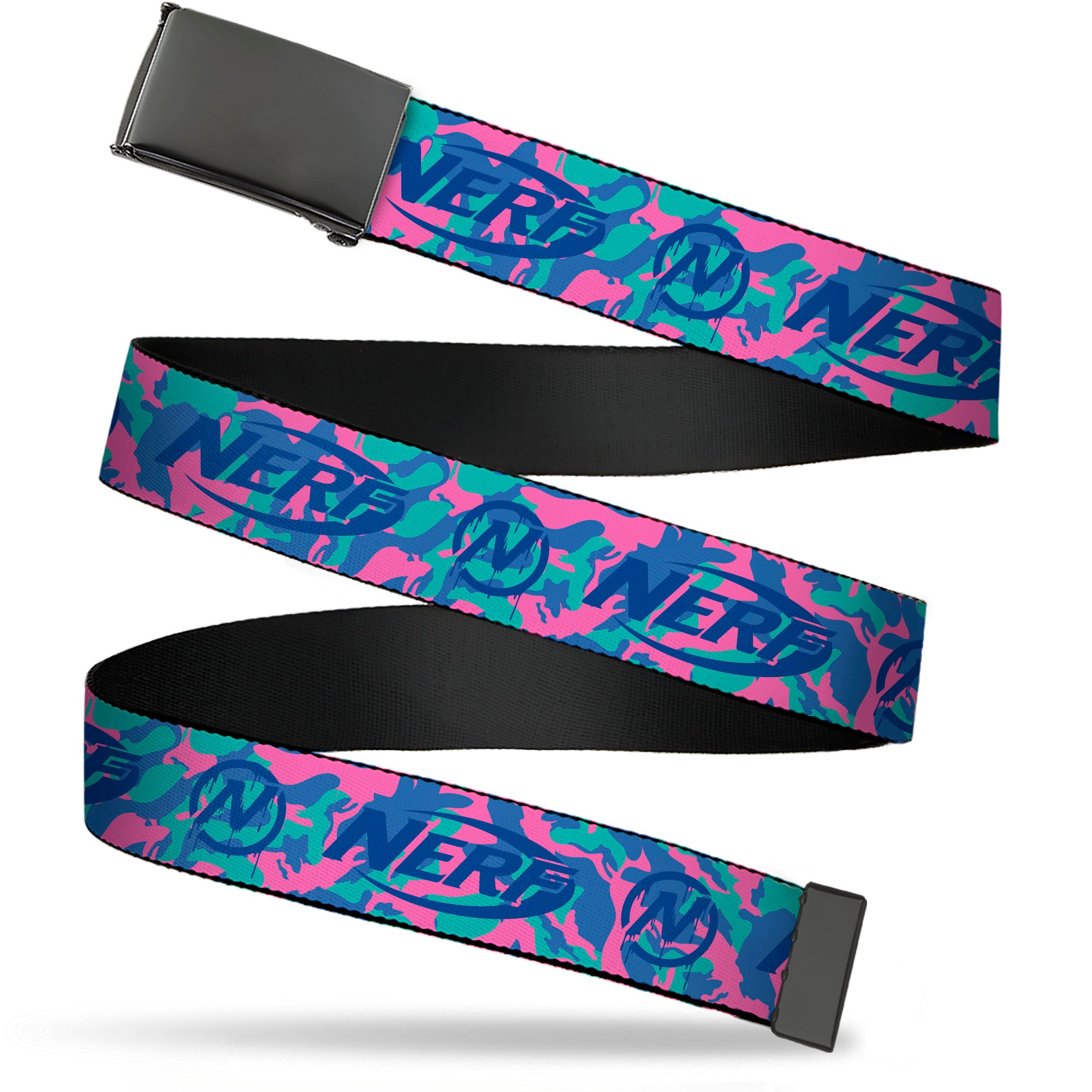Web Belt Clamp Buckle - NERF Logo and Icon Camo Blues/Pinks Webbing Web Belts Nerf