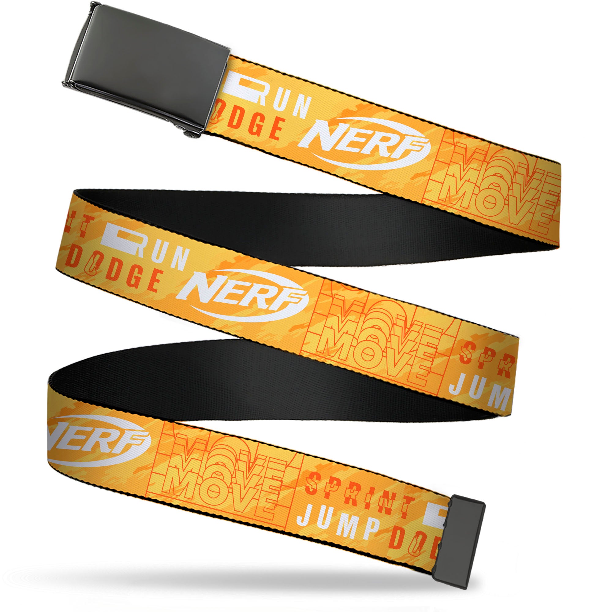 Web Belt Clamp Buckle - NERF Action Verbiage Collage Yellows/Orange/White Webbing Web Belts Nerf