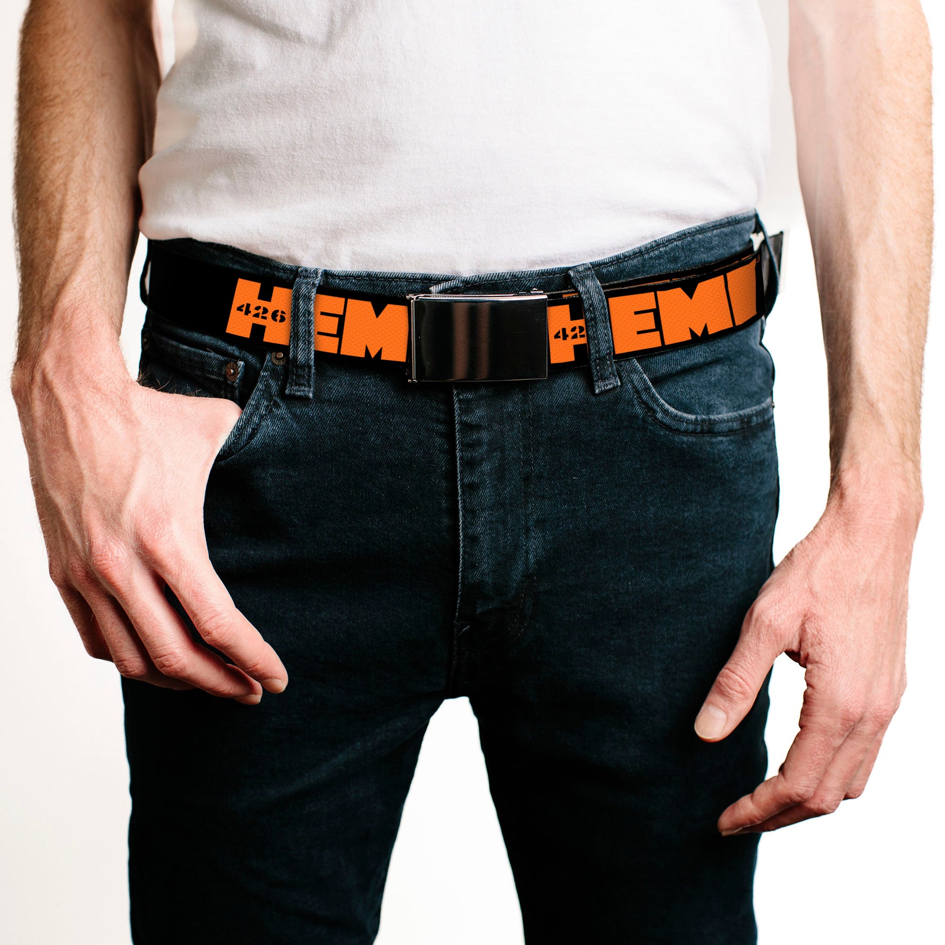 Black Buckle Web Belt - HEMI 426 Logo Repeat Black/Orange Webbing Web Belts Hemi   