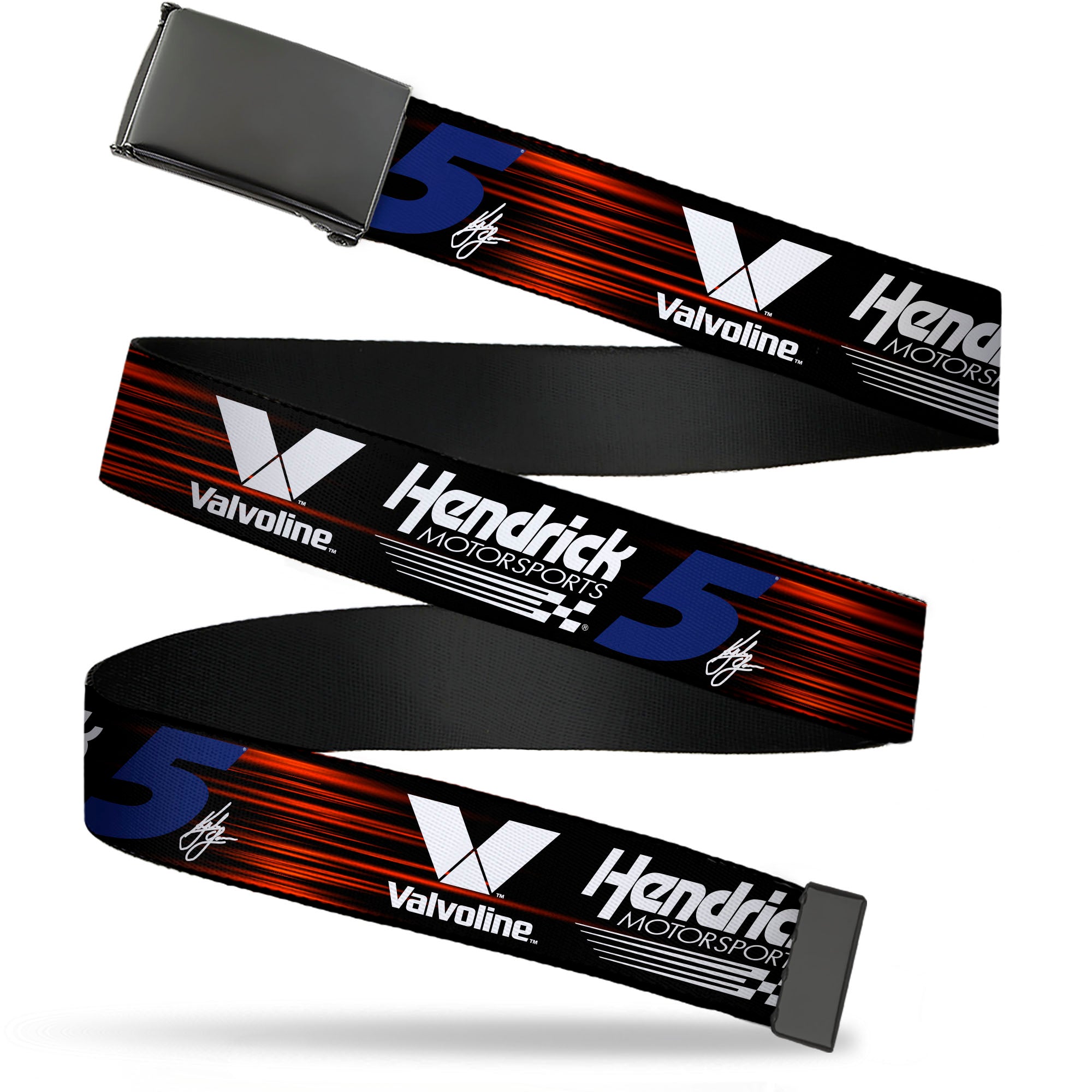 Web Belt Blank Black Buckle - Kyle Larson #5 Autograph VALVOLINE Hendrick Motorsports Logo Black/Red/White/Blue Webbing Web Belts Hendrick Motorsports