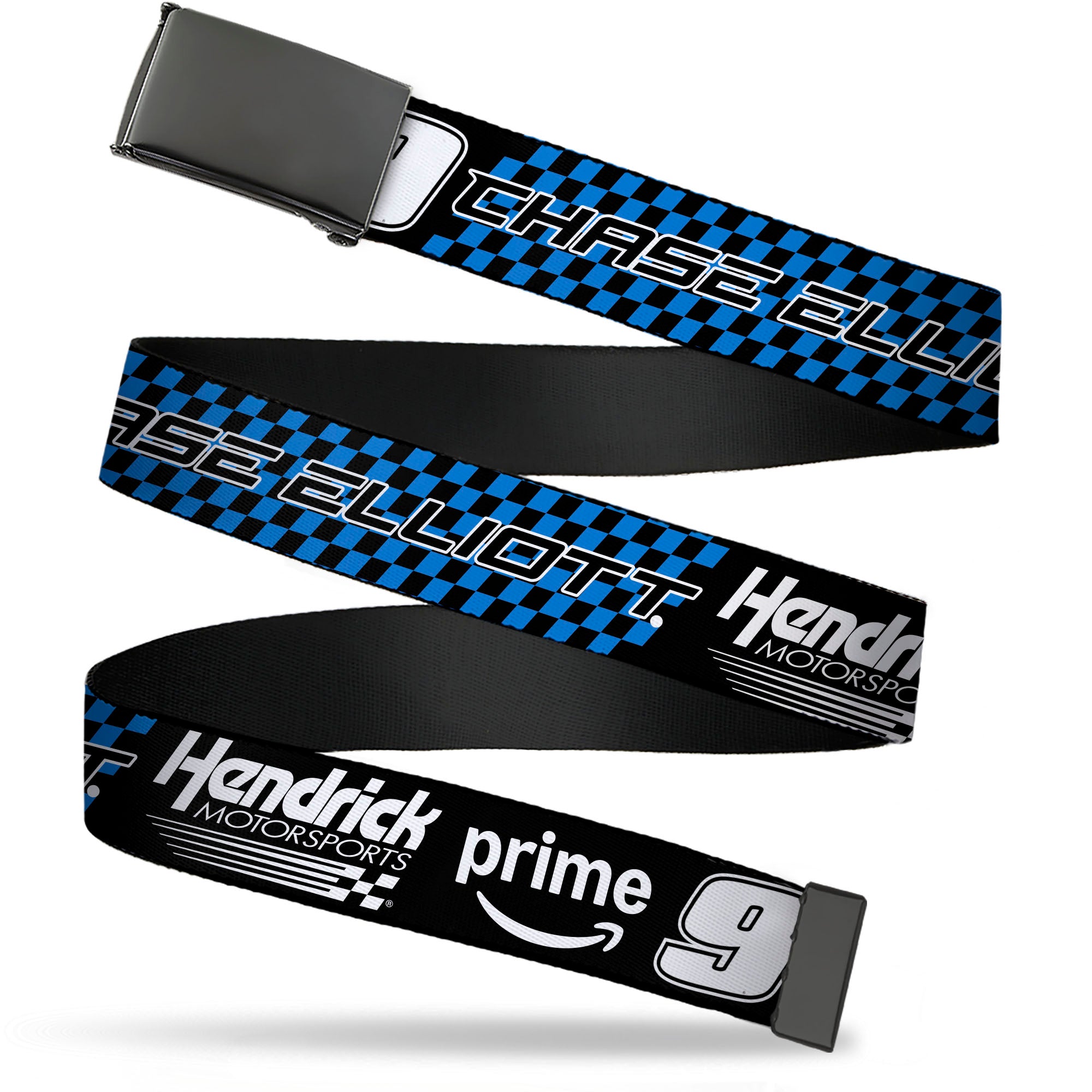Web Belt Blank Black Buckle - CHASE ELLIOTT #9 PRIME Hendrick Motorsports Logo Black/White/Blue Webbing Web Belts Hendrick Motorsports
