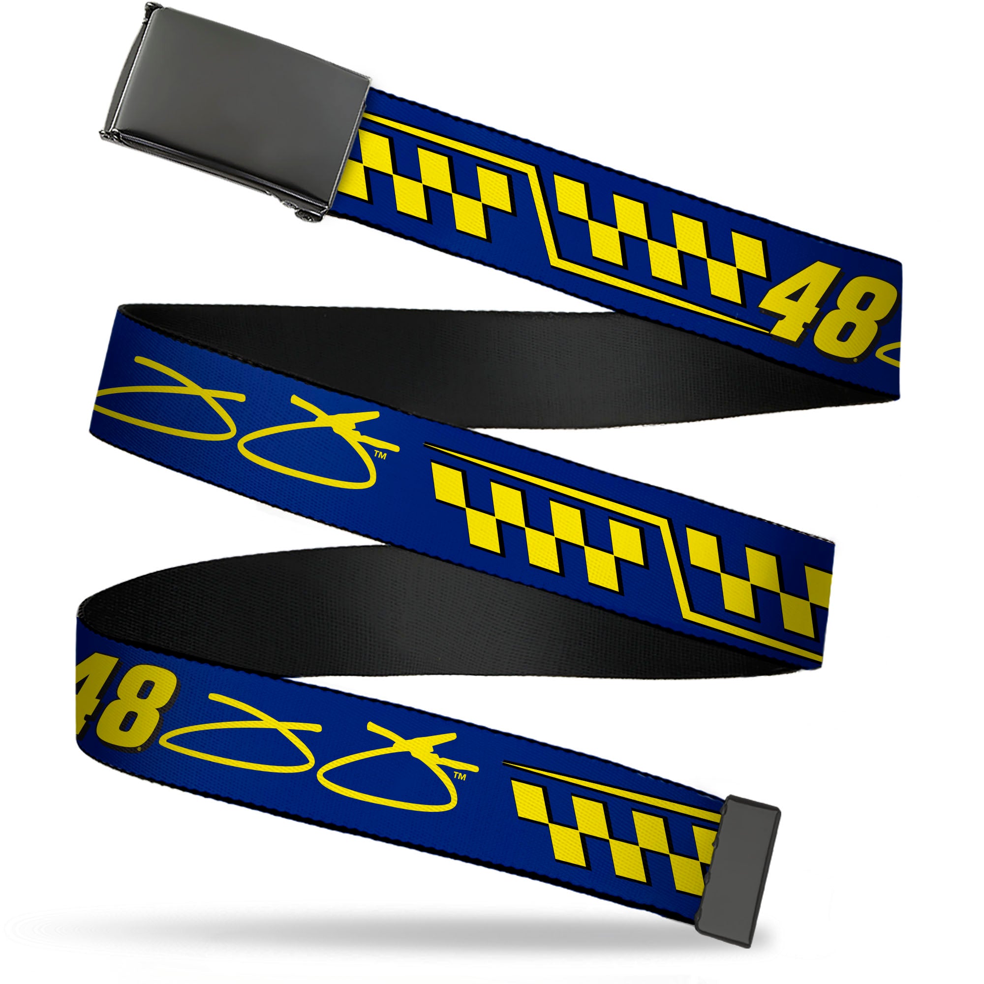 Web Belt Blank Black Buckle - Jimmie Johnson #48 Autograph Checker Blue/Yellow Webbing Web Belts Hendrick Motorsports