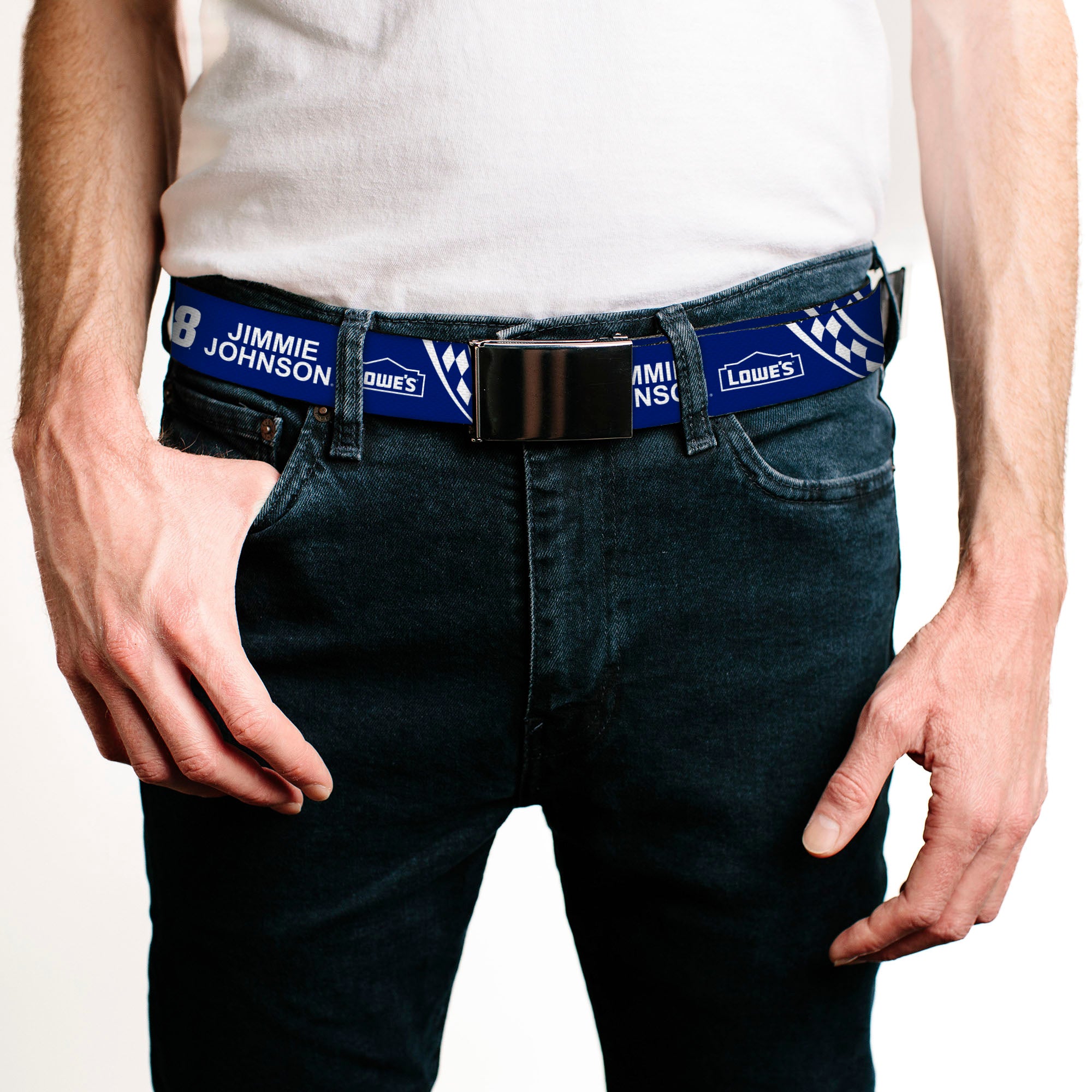 Web Belt Blank Black Buckle - JIMMIE JOHNSON #48 LOWE'S Logo Checker Blue/White Webbing Web Belts Hendrick Motorsports