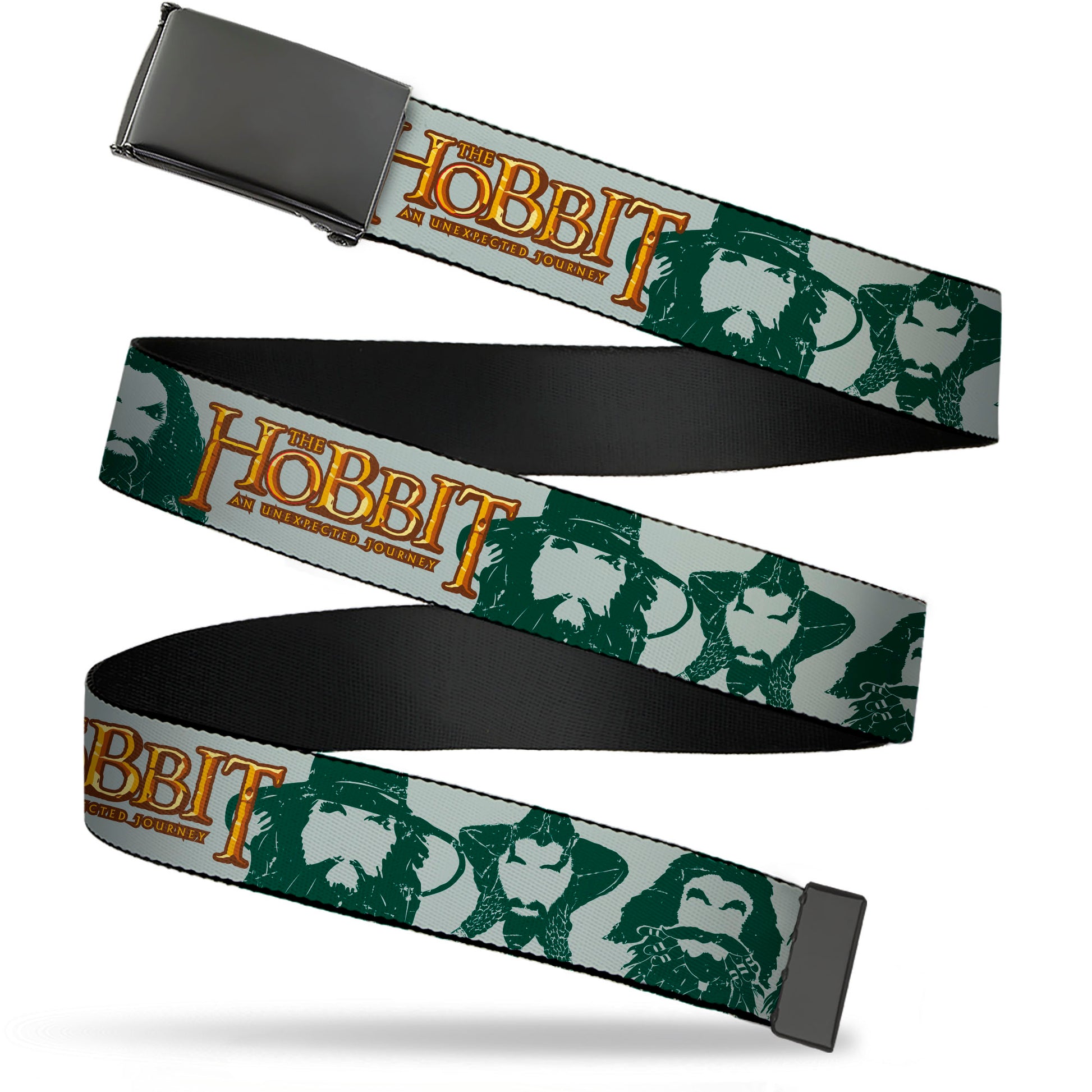 Web Belt Blank Black Buckle - THE HOBBIT AN UNEXPECTED JOURNEY Title Logo and Beards of Middle Earth Gray/Green Webbing Web Belts The Hobbit
