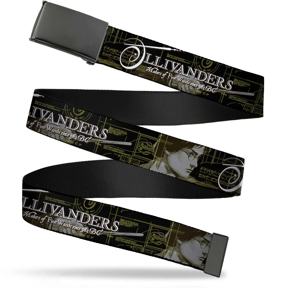 Black Buckle Web Belt - Harry Potter Wand Pose/OLLIVANDERS-MAKERS OF FINE WANDS Black/Browns/Golds Webbing Web Belts Harry Potter