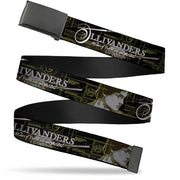 Black Buckle Web Belt - Harry Potter Wand Pose/OLLIVANDERS-MAKERS OF FINE WANDS Black/Browns/Golds Webbing Web Belts Harry Potter