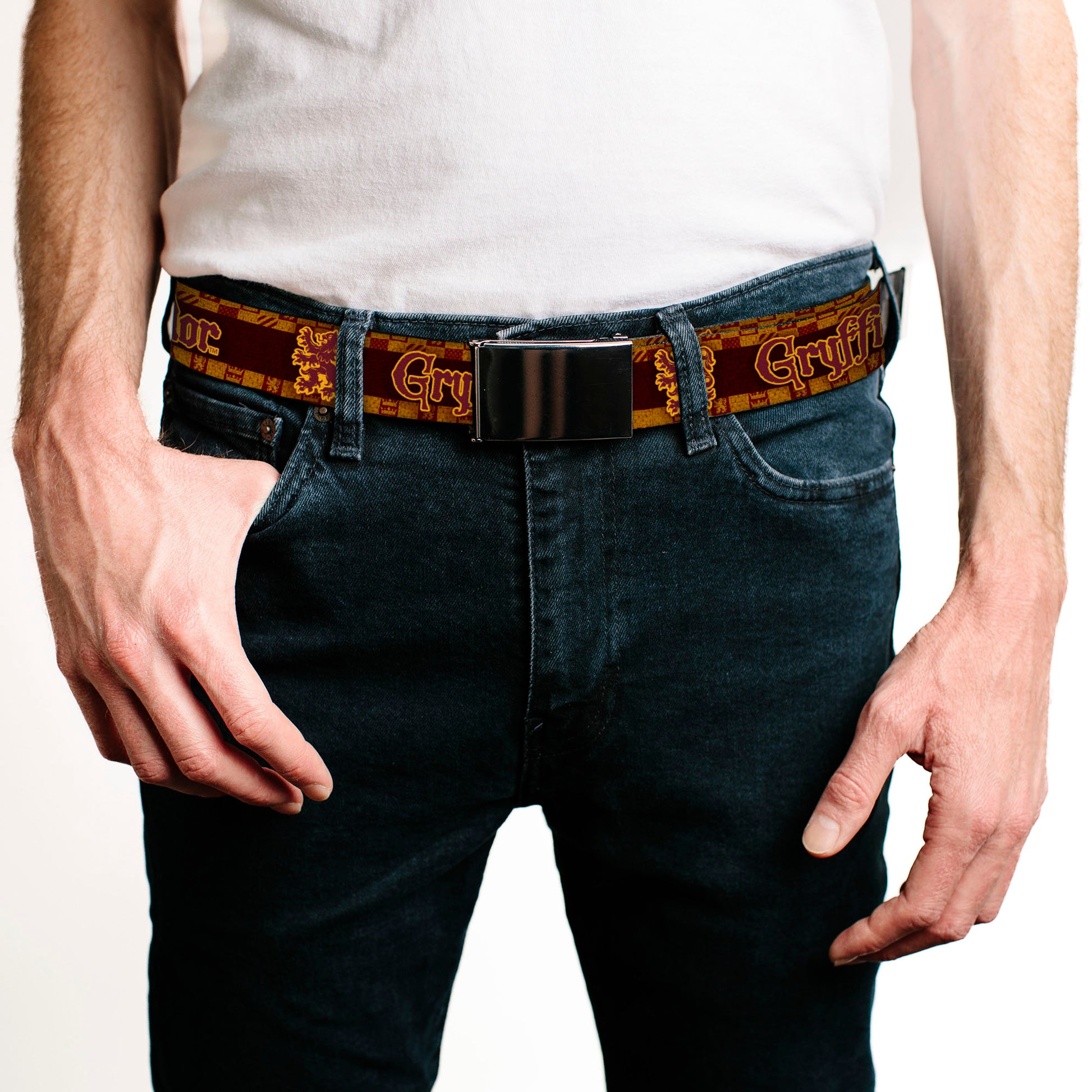 Black Buckle Web Belt - Harry Potter GRYFFINDOR/Lion Checker Stripe Black/Reds/Golds Webbing Web Belts Harry Potter