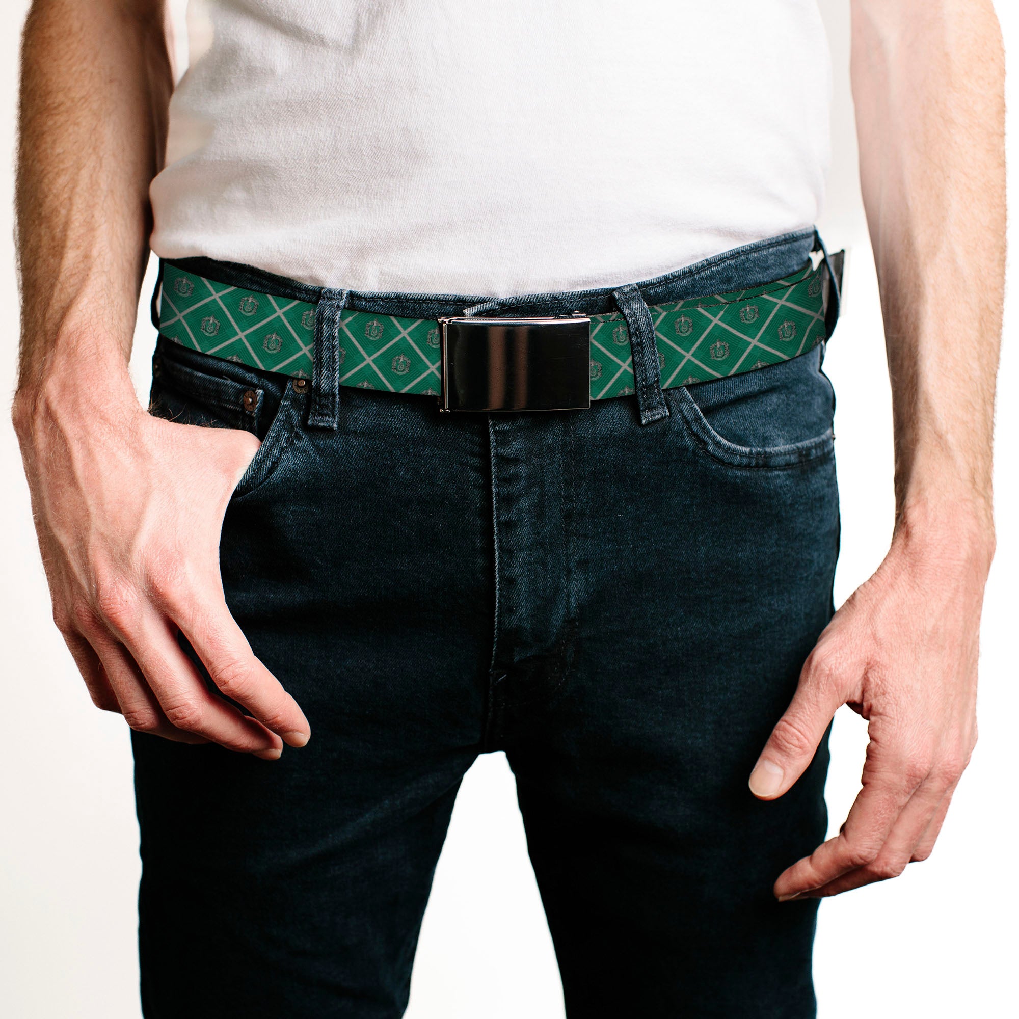 Black Buckle Web Belt - Harry Potter Slytherin Crest Plaid Greens/Gray Webbing Web Belts Harry Potter