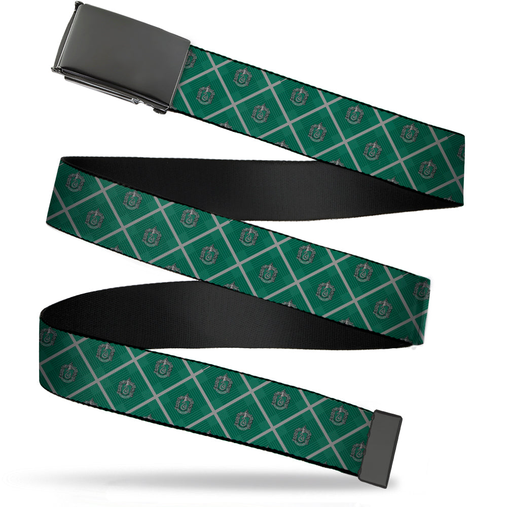 Black Buckle Web Belt - Harry Potter Slytherin Crest Plaid Greens/Gray Webbing Web Belts Harry Potter