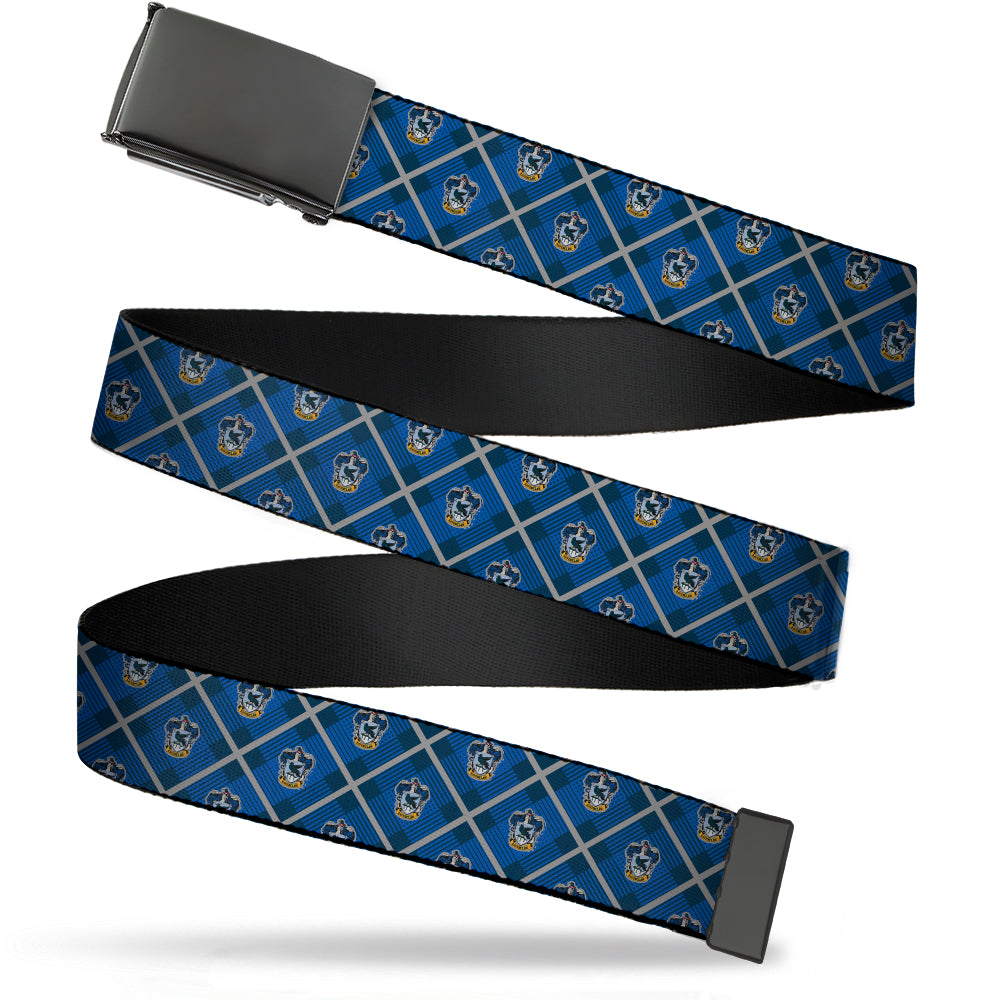 Black Buckle Web Belt - Harry Potter Ravenclaw Crest Plaid Blues/Gray Webbing Web Belts Harry Potter