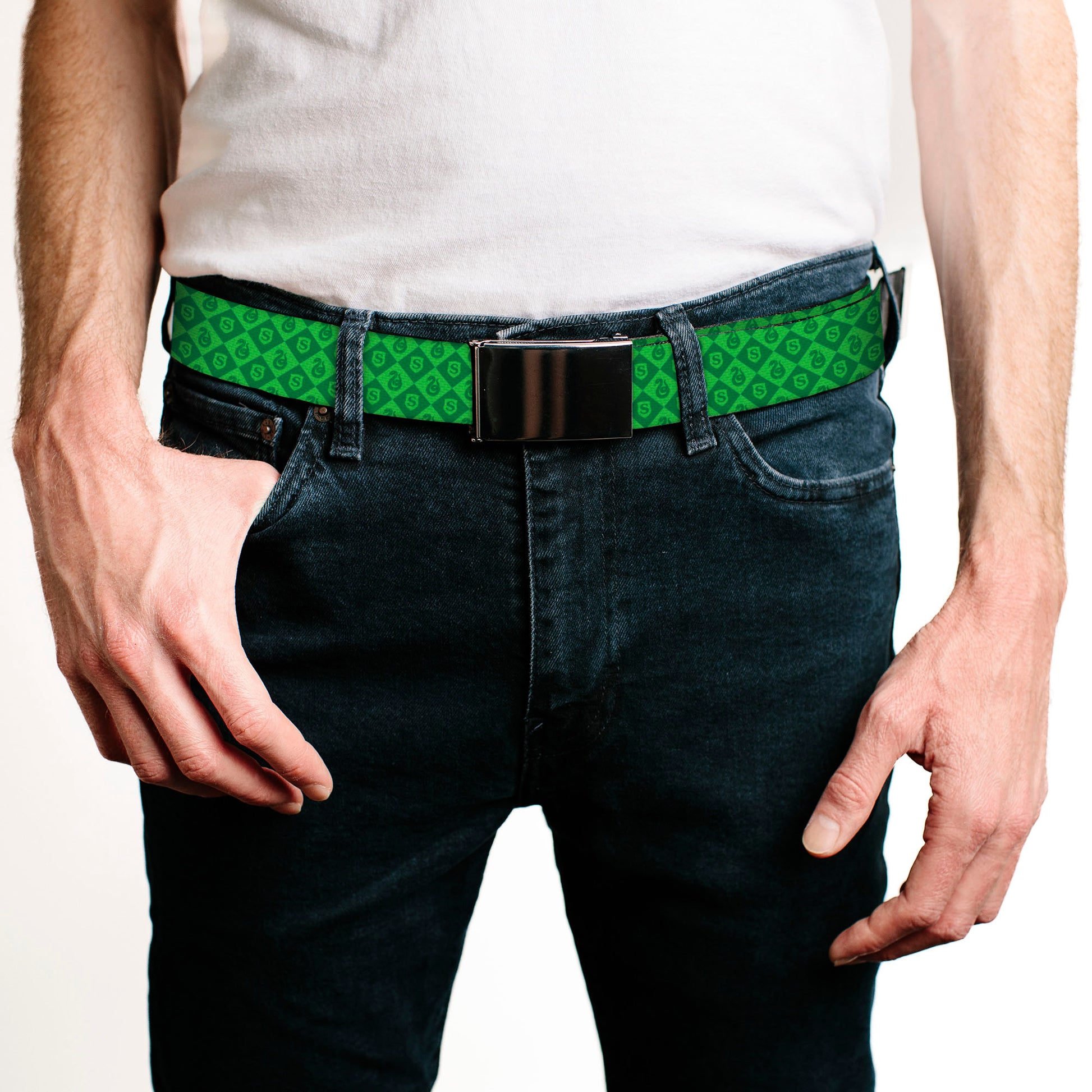 Web Belt Blank Black Buckle - Harry Potter Slytherin Icons Checker Greens Webbing Web Belts Harry Potter