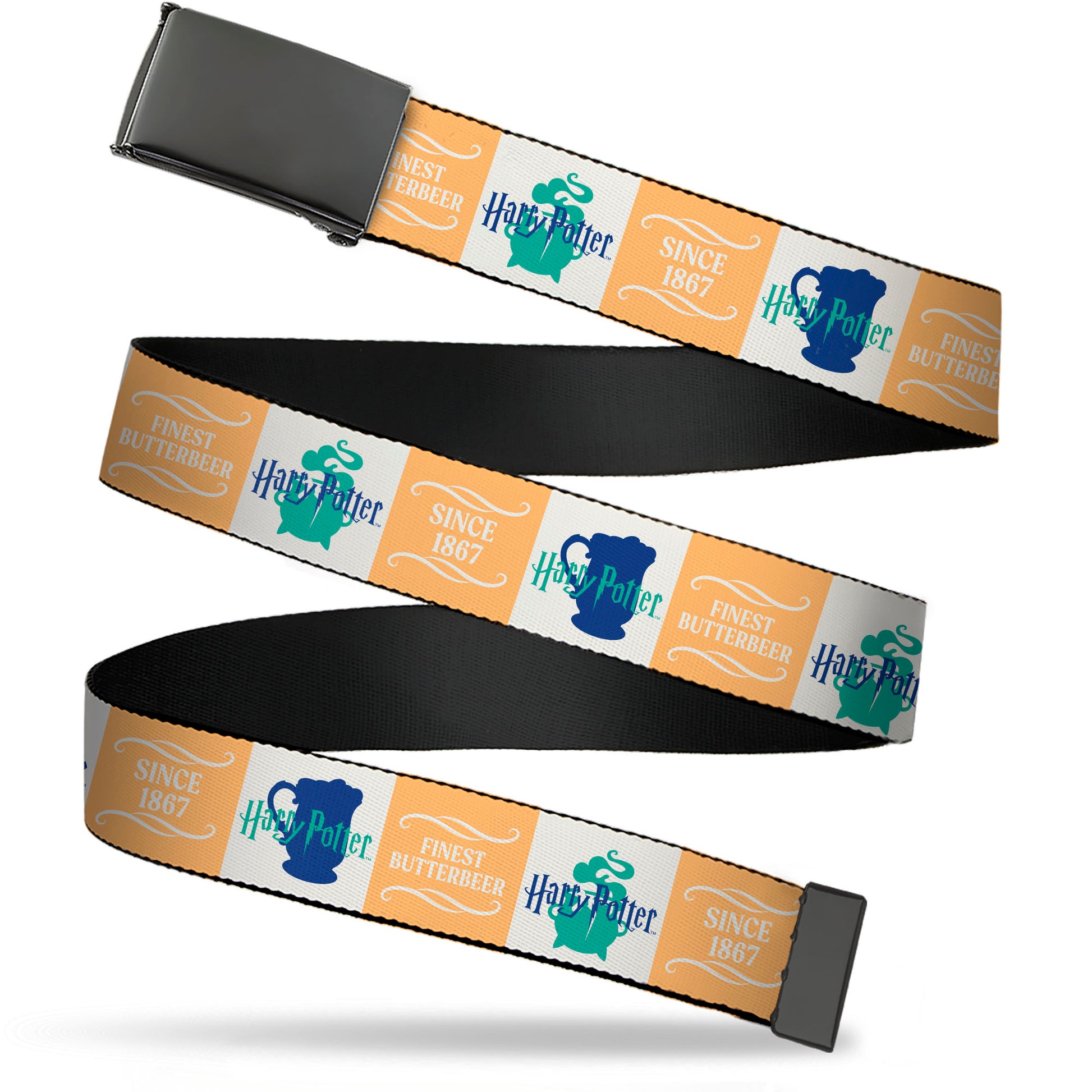 Web Belt Blank Black Buckle - Harry Potter FINEST BUTTERBEER SINCE 1867 Icon Blocks Yellow/White/Blues Webbing Web Belts Harry Potter