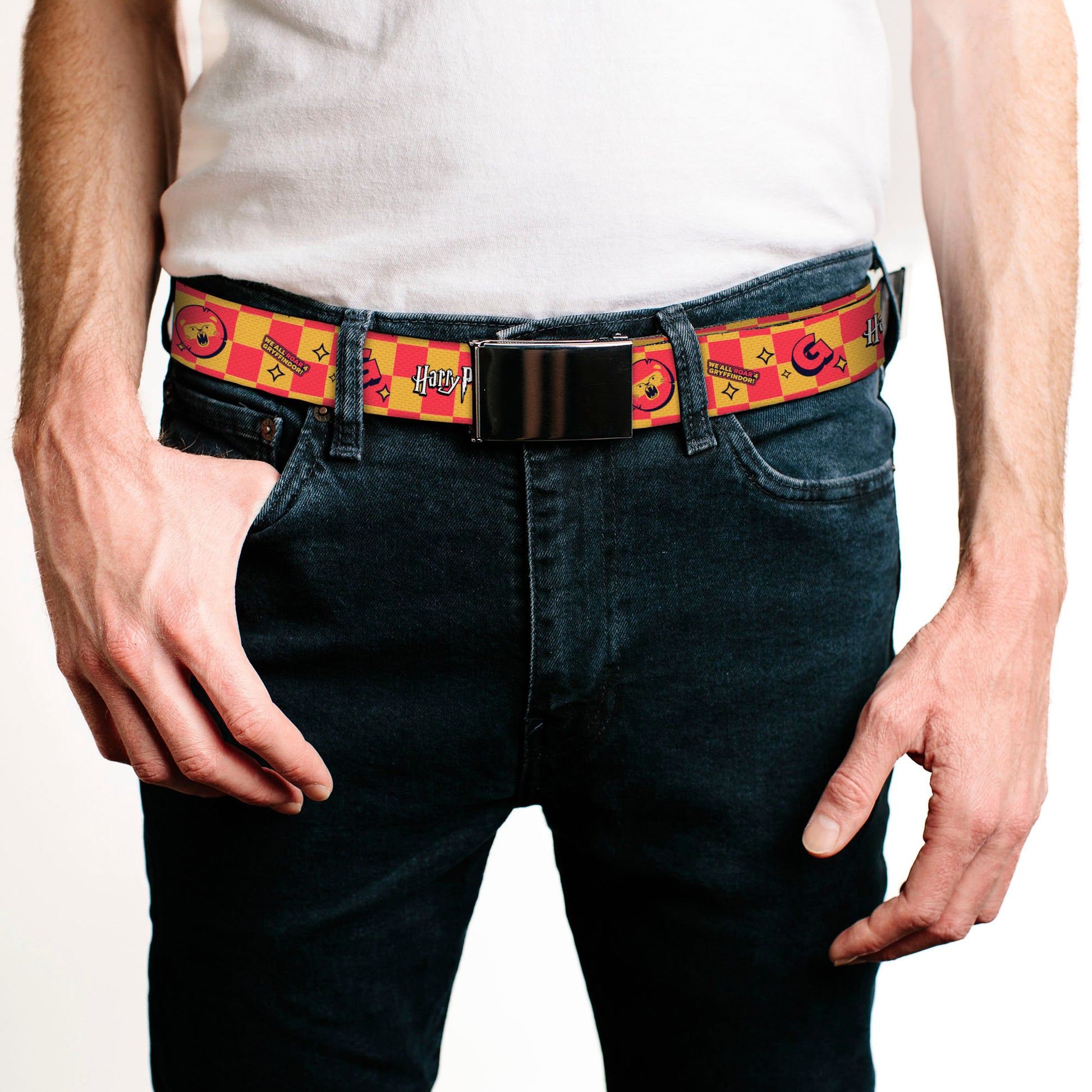 Web Belt Blank Black Buckle - Harry Potter Gryffindor Icons Checker Yellow/Red Webbing Web Belts Harry Potter