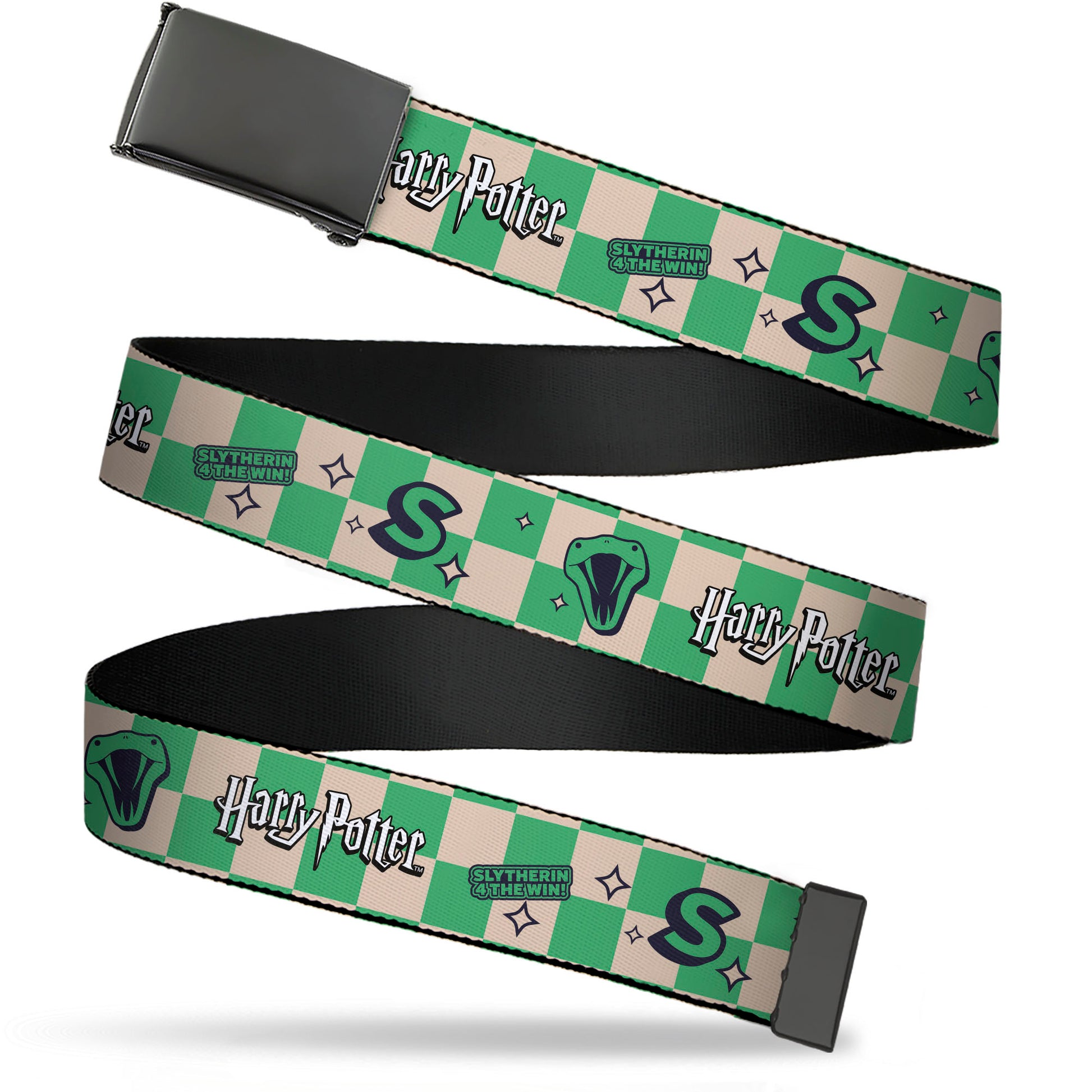 Web Belt Blank Black Buckle - Harry Potter Slytherin Icons Checker Cream/Mint Webbing Web Belts Harry Potter