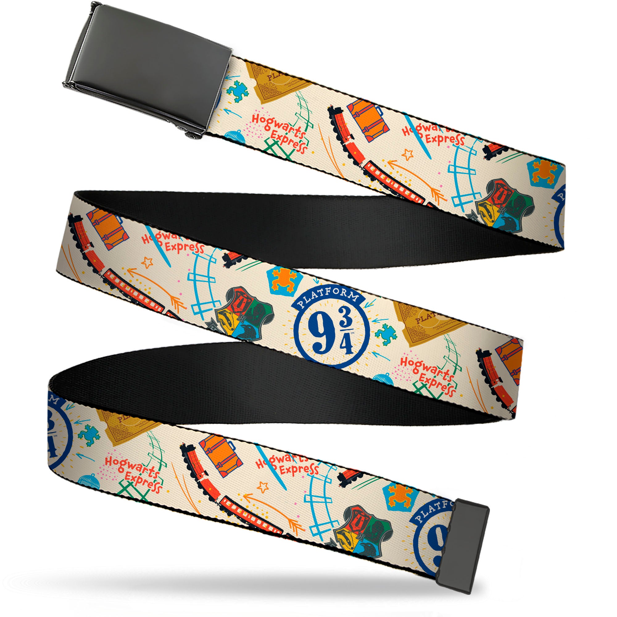 Web Belt Blank Black Buckle - Harry Potter HOGWARTS EXPRESS Icons Collage Beige/Multi Color Webbing Web Belts Harry Potter