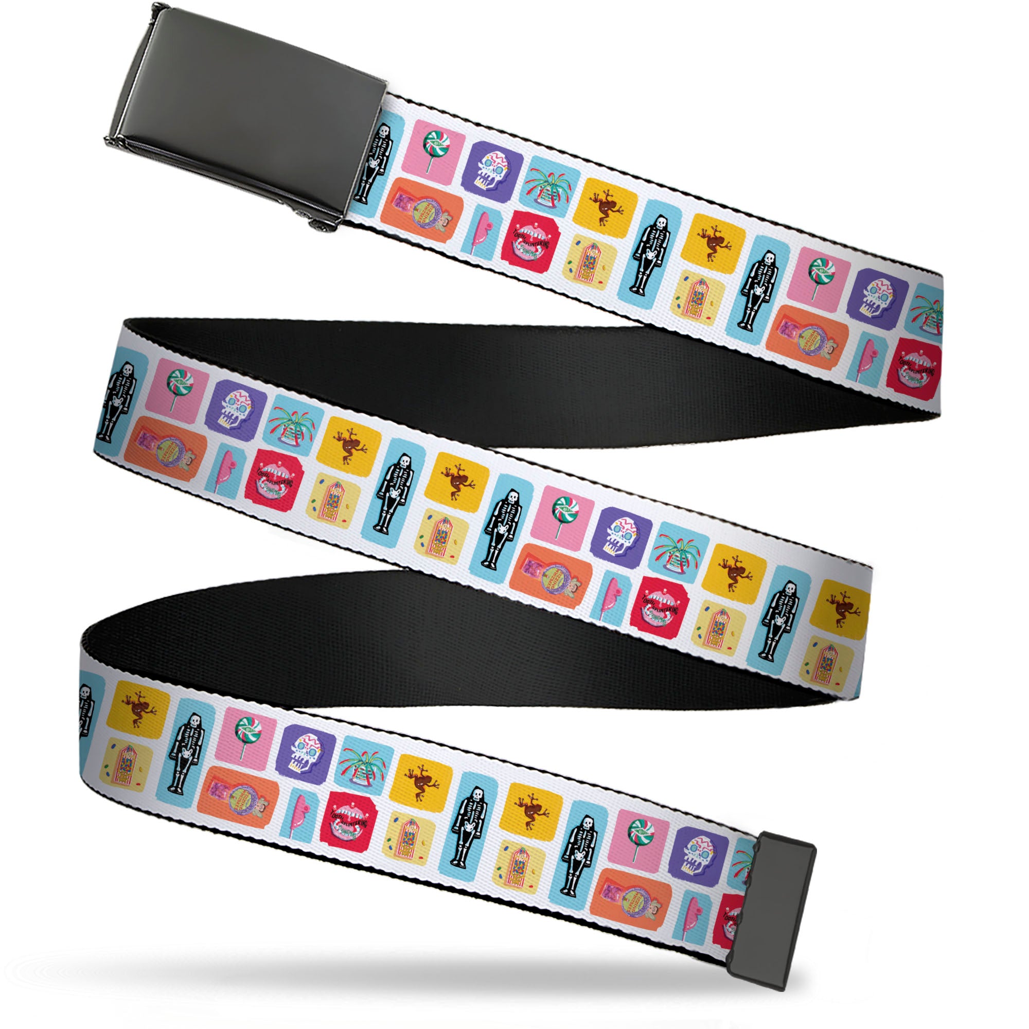 Web Belt Blank Black Buckle - Harry Potter Honeydukes Icons Collage White/Multi Color Webbing Web Belts Harry Potter