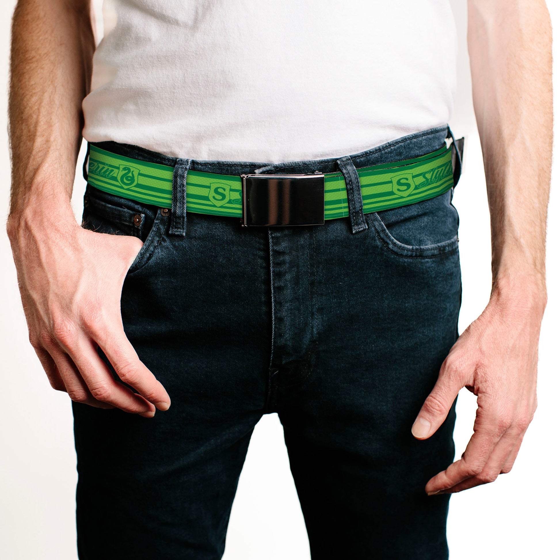 Web Belt Blank Black Buckle - Harry Potter Slytherin House Champion Icons Stripe Greens Webbing Web Belts Harry Potter
