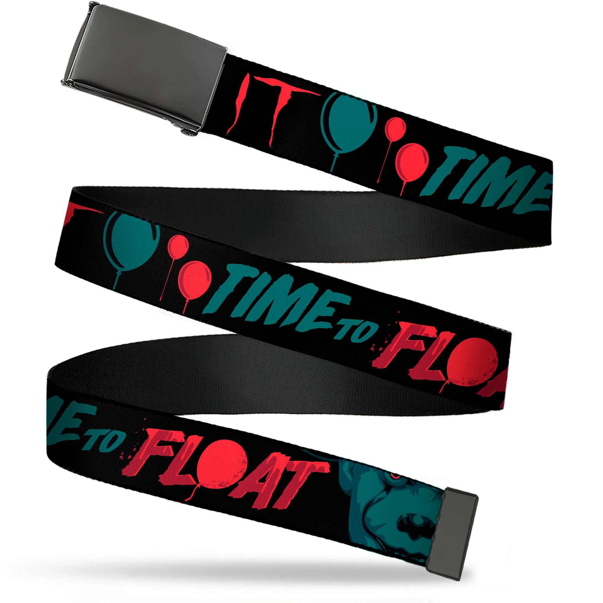 Web Belt Blank Black Buckle - IT Pennywise Face and Balloons TIME TO FLOAT Black/Blues/Reds Webbing Web Belts IT