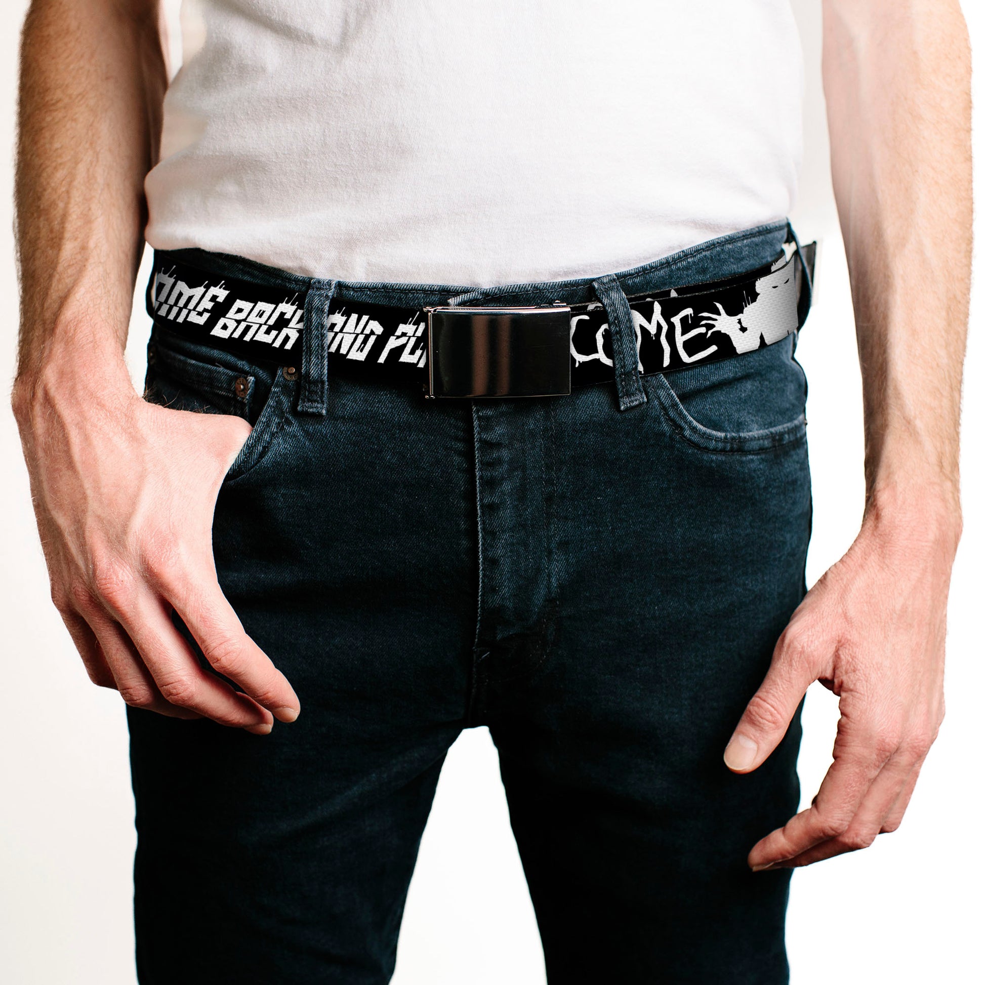 Web Belt Blank Black Buckle - IT Pennywise Face Close-Up COME HOME-COME BACK AND PLAY Black/White Webbing Web Belts IT