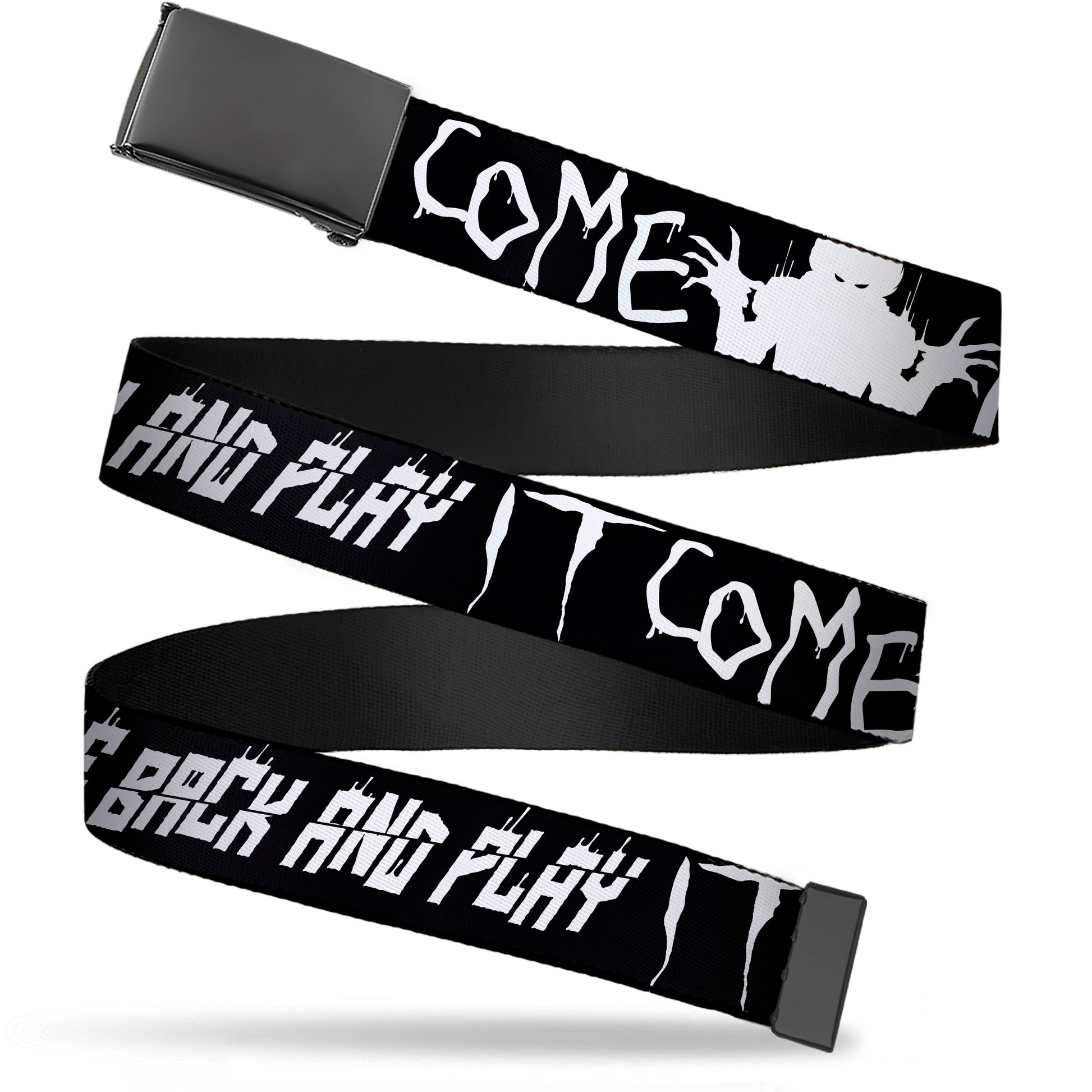Web Belt Blank Black Buckle - IT Pennywise Face Close-Up COME HOME-COME BACK AND PLAY Black/White Webbing Web Belts IT