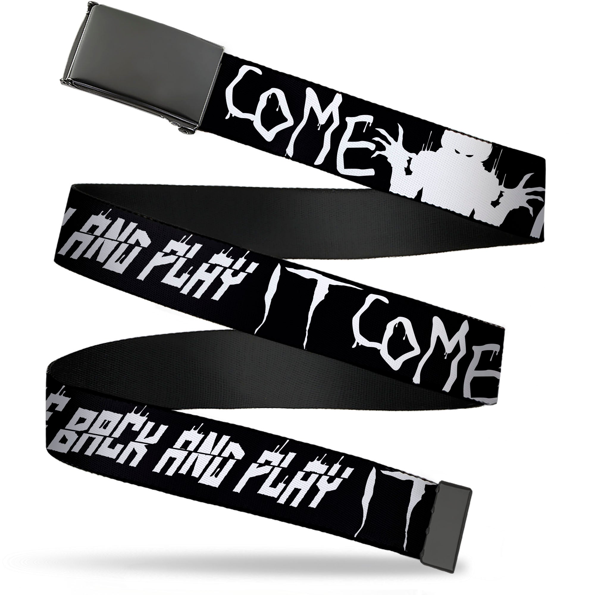 Web Belt Blank Black Buckle - IT Pennywise Face Close-Up COME HOME-COME BACK AND PLAY Black/White Webbing Web Belts IT