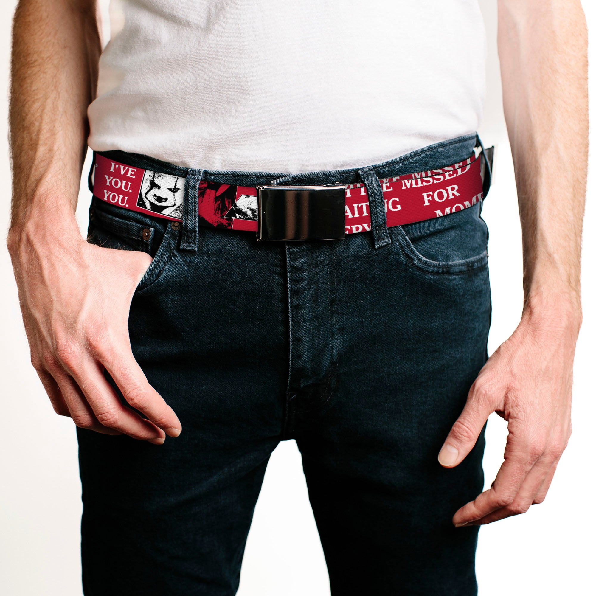Web Belt Blank Black Buckle - IT Pennywise Poses and Quotes Collage Red/White/Grays Webbing Web Belts IT