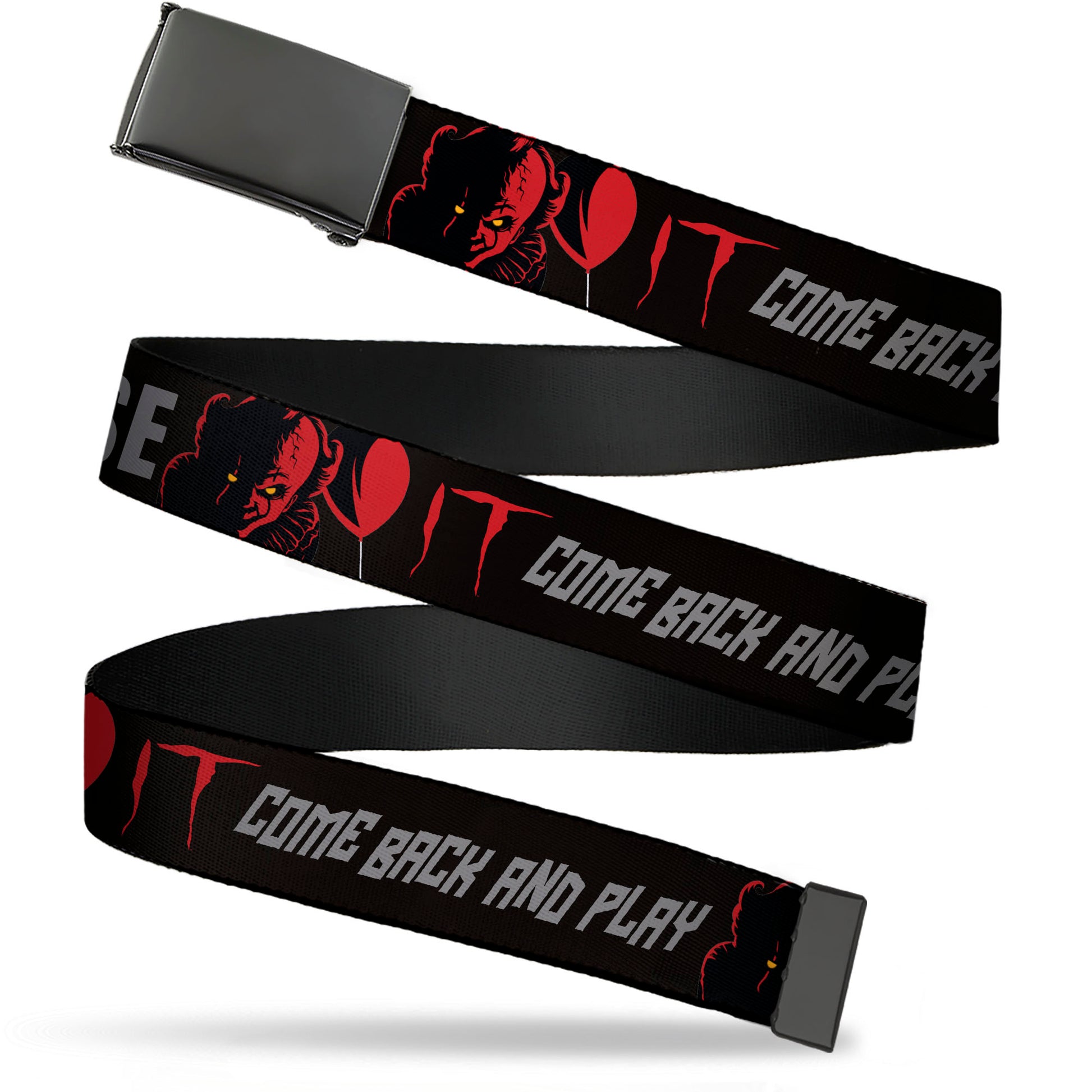 Web Belt Blank Black Buckle - IT Pennywise Face COME BACK AND PLAY Black/Red/Gray Webbing Web Belts IT
