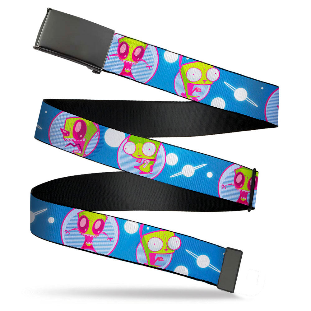 Black Buckle Web Belt - Invader Zim and GIR Poses and Planets Blue/White Webbing Web Belts Invader Zim