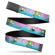 Black Buckle Web Belt - Invader Zim GIR Flying SPACEY Poses and Stars Pinks/Blues Webbing Web Belts Invader Zim