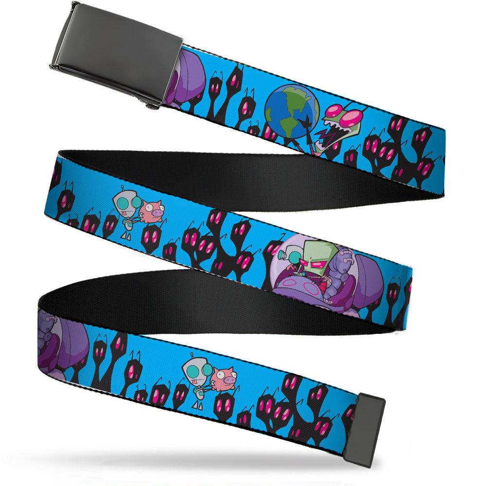 Web Belt Blank Black Buckle - Invader Zim GIR and Piggy Rule the World Poses Blue Webbing Web Belts Invader Zim