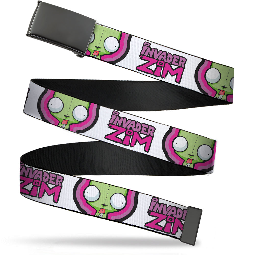 Web Belt Blank Black Buckle - INVADER ZIM Title Logo and GIR Pose Close-Up White/Pinks Webbing Web Belts Invader Zim