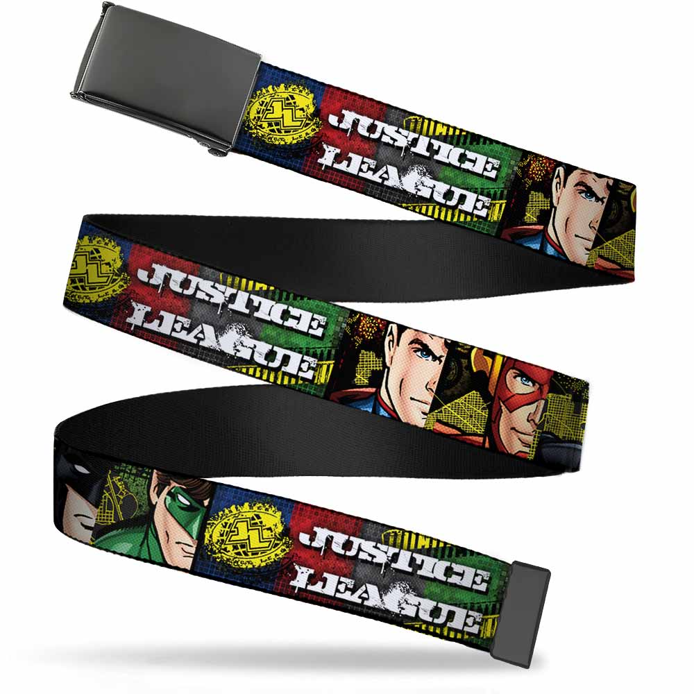 Black Buckle Web Belt - JUSTICE LEAGUE Logo/4-Superhero Panels Pop Art Webbing Web Belts DC Comics   