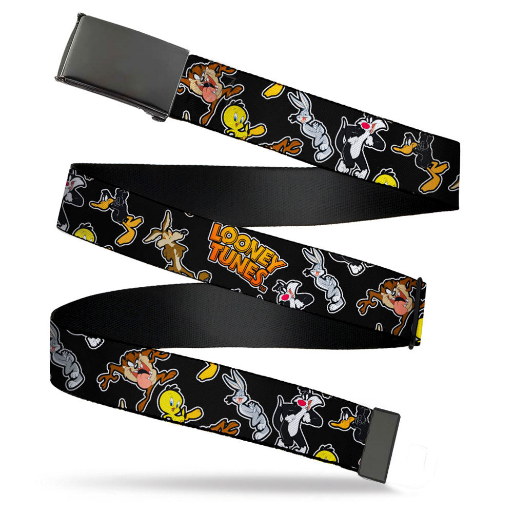 Black Buckle Web Belt - LOONEY TUNES 6-Character Poses/Logo Scattered Black Webbing Web Belts Looney Tunes   