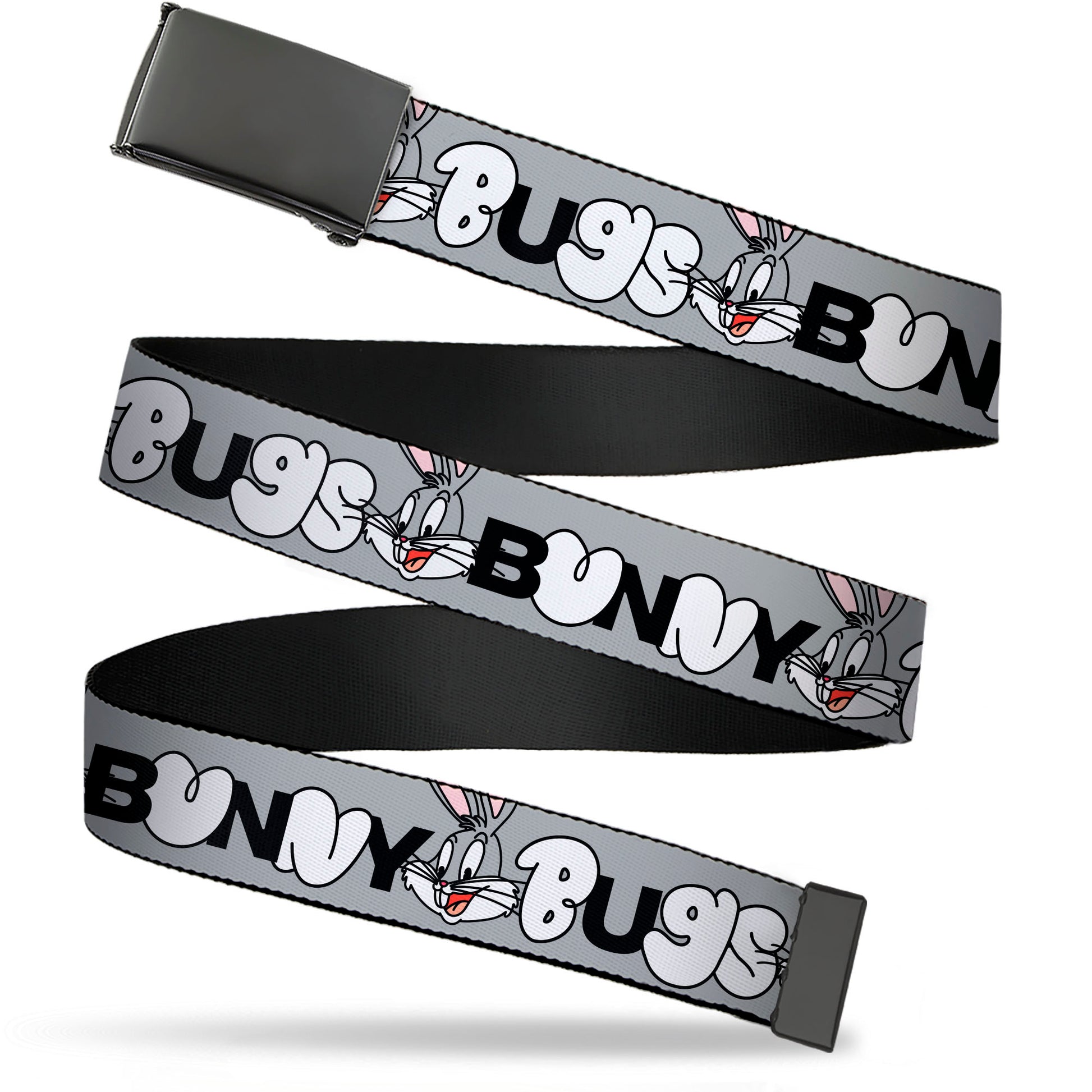 Web Belt Blank Black Buckle - BUGS BUNNY Smiling Face Text Gray Webbing Web Belts Looney Tunes