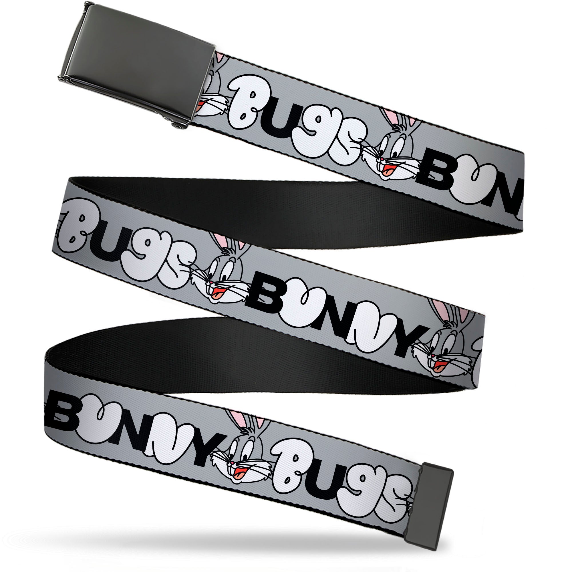 Web Belt Blank Black Buckle - BUGS BUNNY Smiling Face Text Gray Webbing Web Belts Looney Tunes