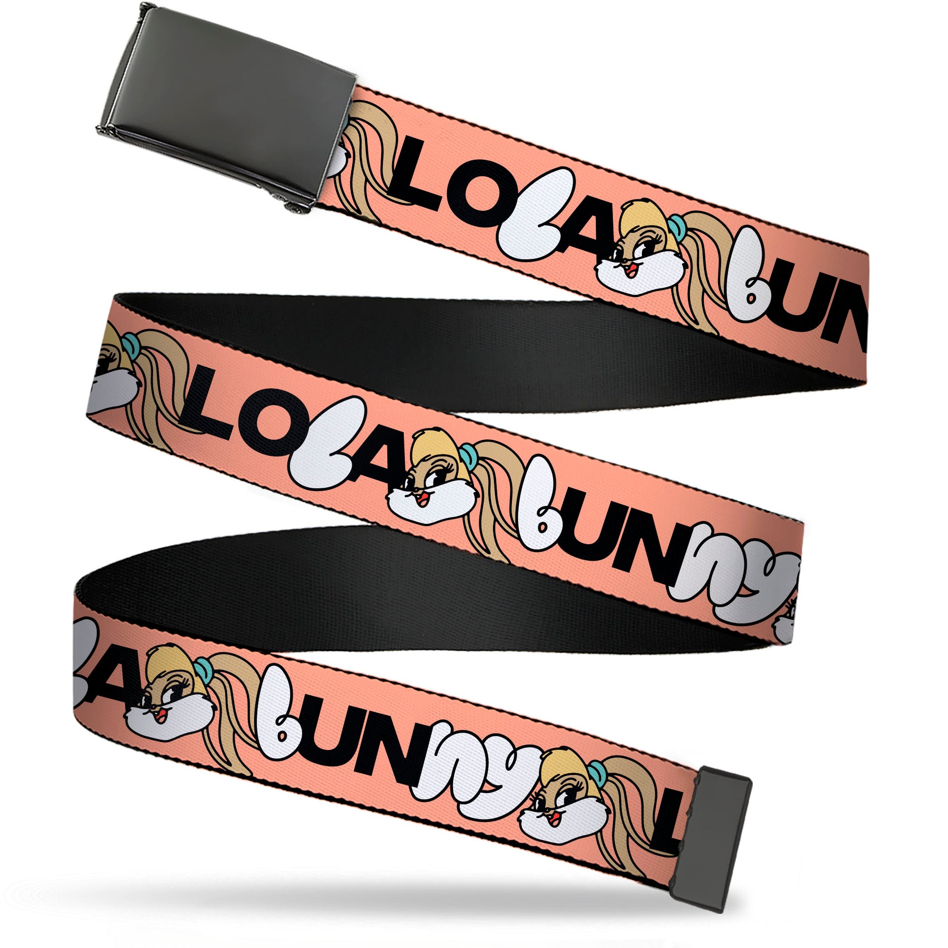 Web Belt Blank Black Buckle - LOLA BUNNY Smiling Face Text Peach Webbing Web Belts Looney Tunes