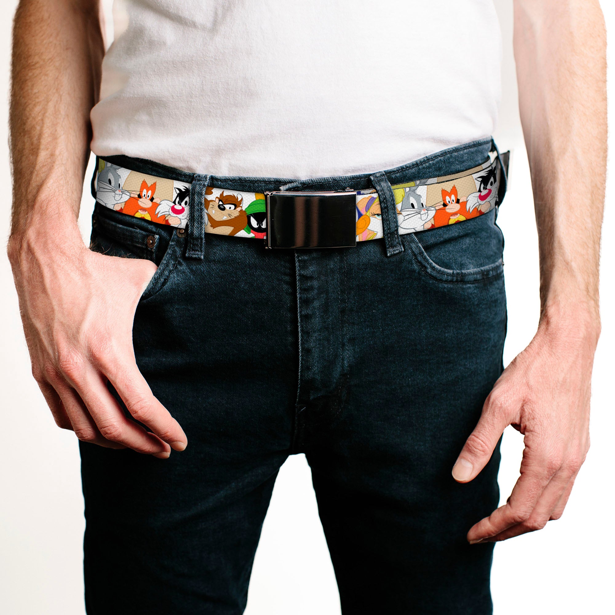 Web Belt Blank Black Buckle - Looney Tunes Nine Character Faces White Webbing Web Belts Looney Tunes