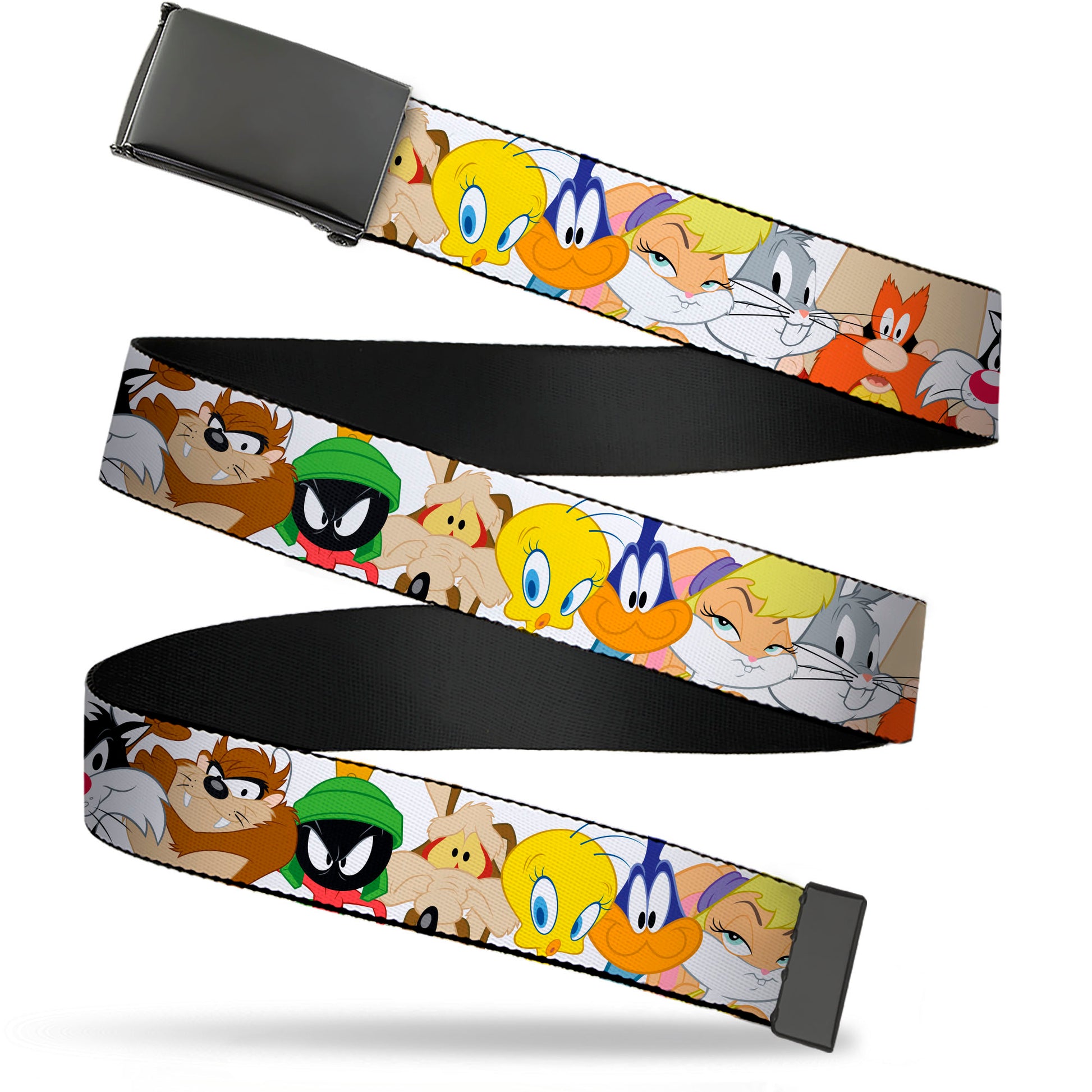 Web Belt Blank Black Buckle - Looney Tunes Nine Character Faces White Webbing Web Belts Looney Tunes