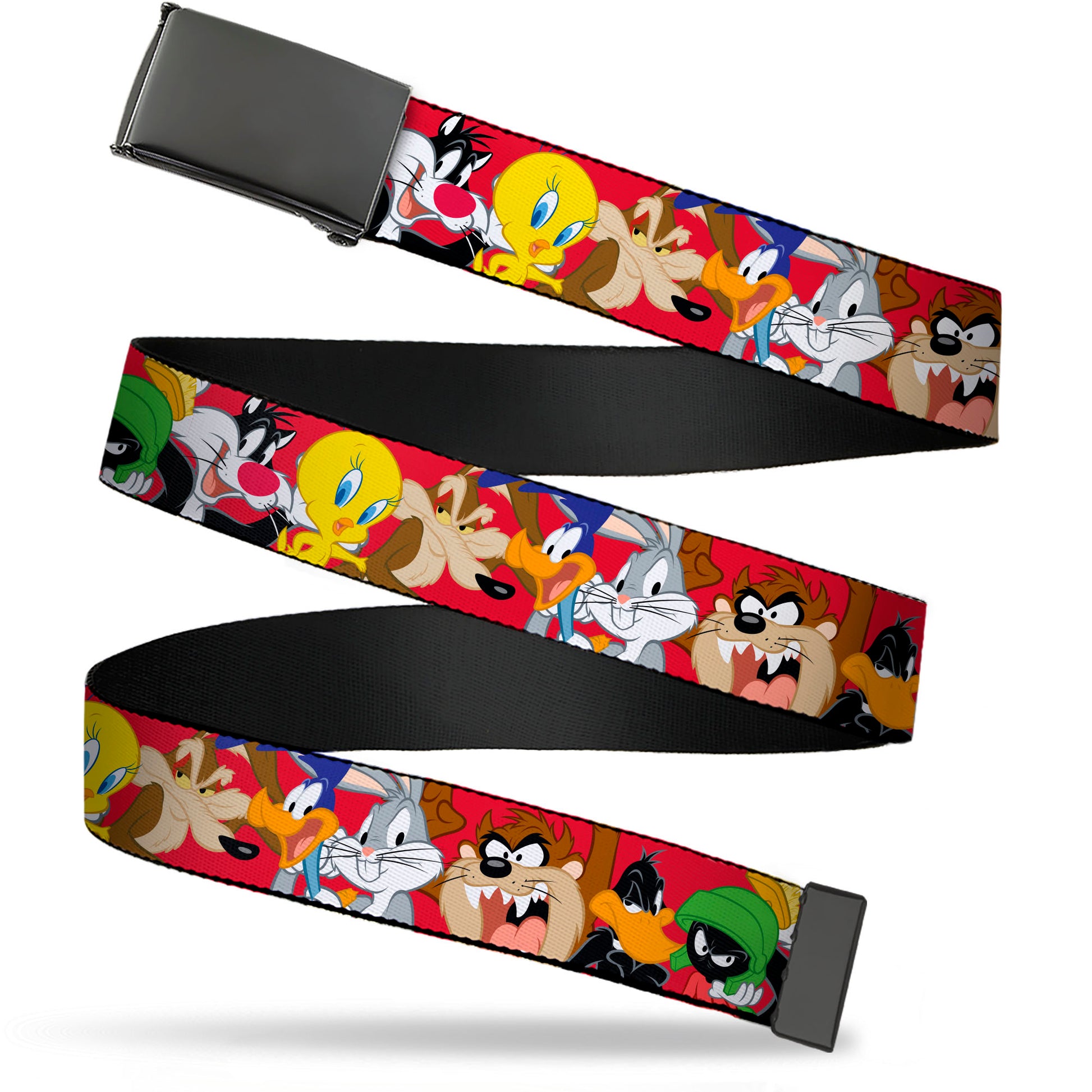 Web Belt Blank Black Buckle - Looney Tunes Eight Character Faces Red Webbing Web Belts Looney Tunes