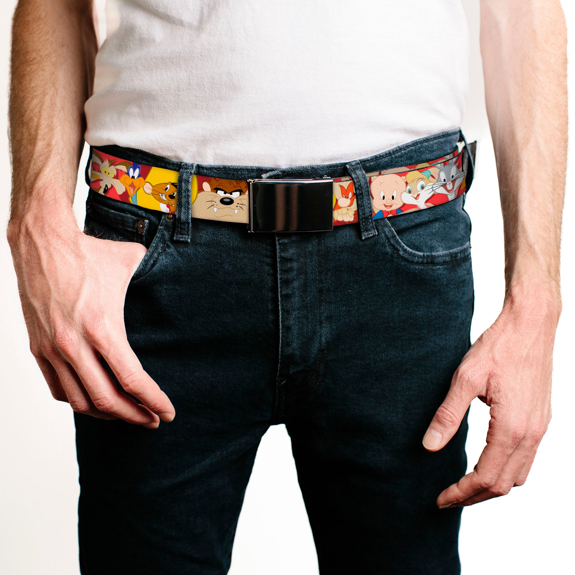Web Belt Blank Black Buckle - Looney Tunes Twelve Character Expressions Red Webbing Web Belts Looney Tunes