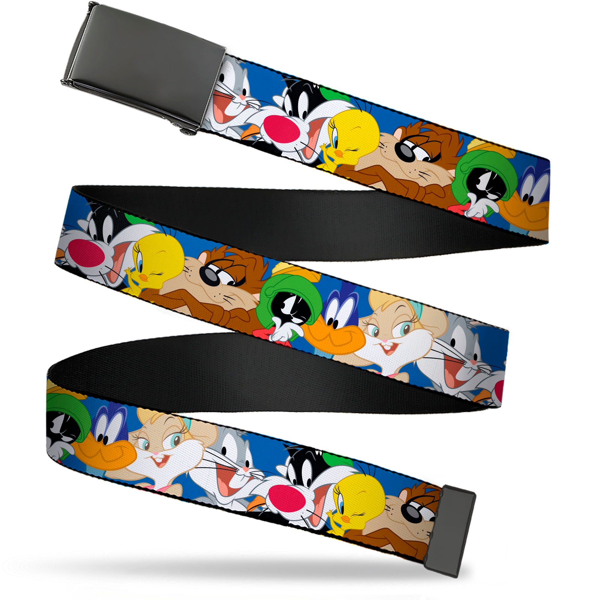 Web Belt Blank Black Buckle - Looney Tunes Seven Character Faces Stacked Blue Webbing Web Belts Looney Tunes