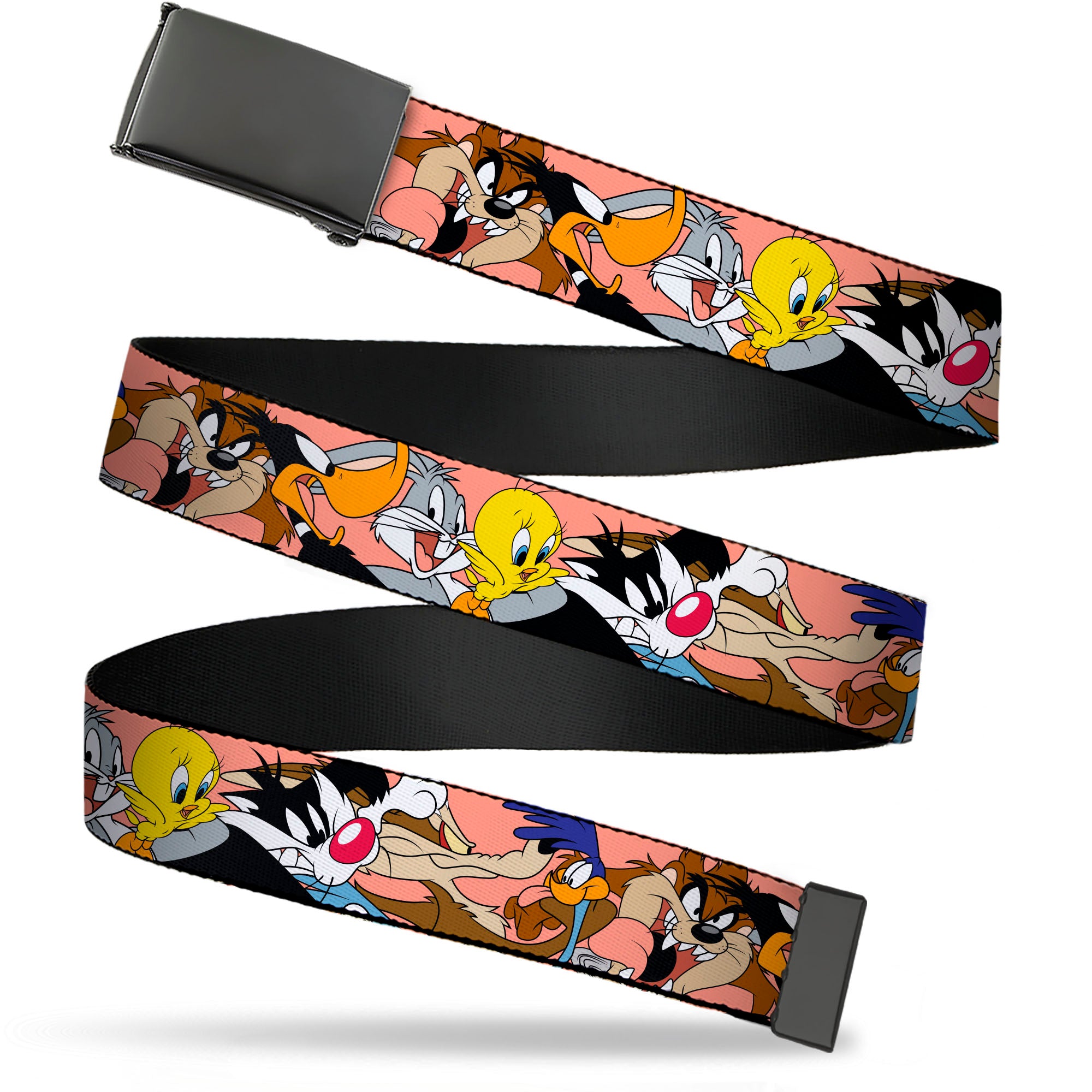 Web Belt Blank Black Buckle - Looney Tunes Seven Character Poses Stacked Peach Webbing Web Belts Looney Tunes