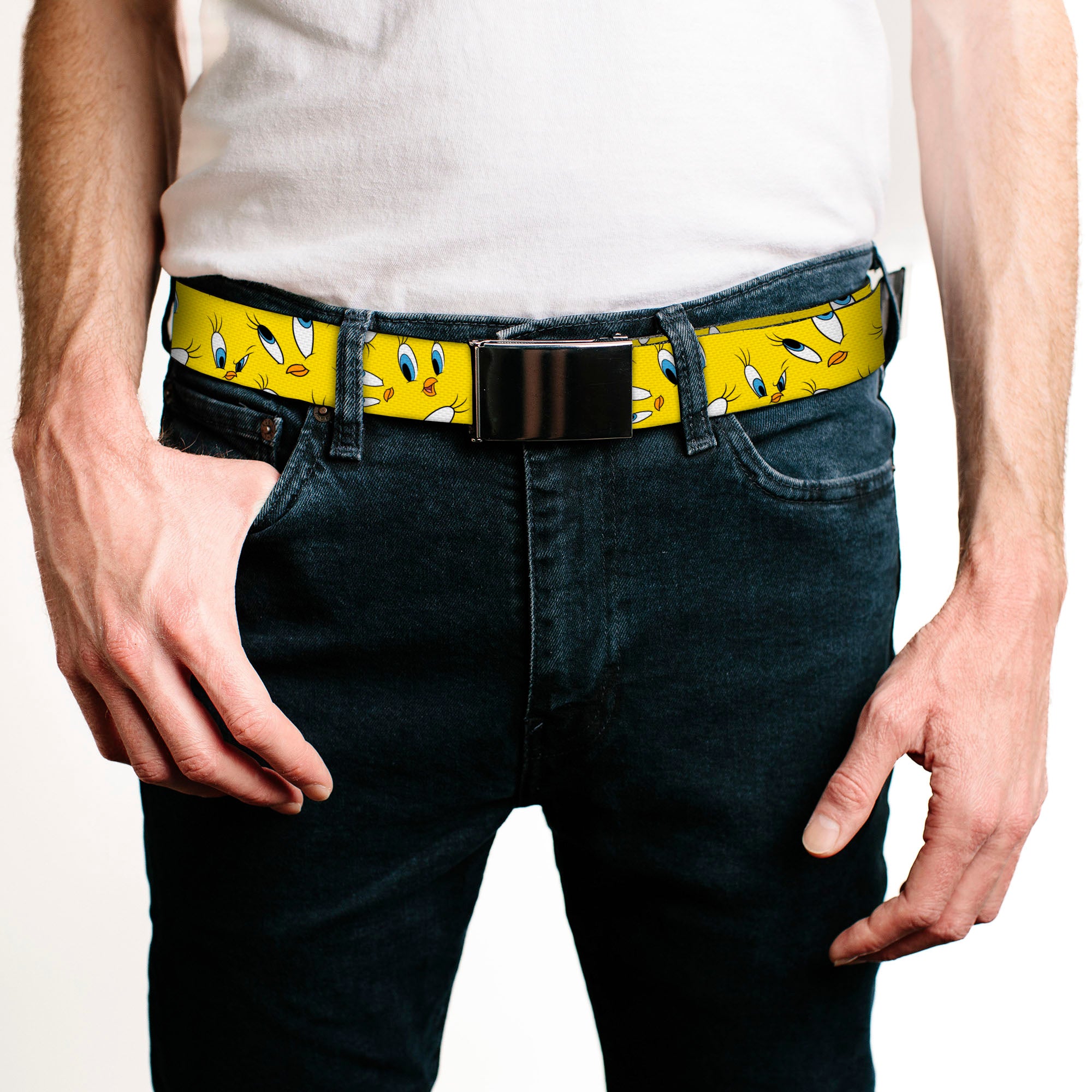 Web Belt Blank Black Buckle - Tweety Expression and Eyes Scattered Yellow Webbing Web Belts Looney Tunes