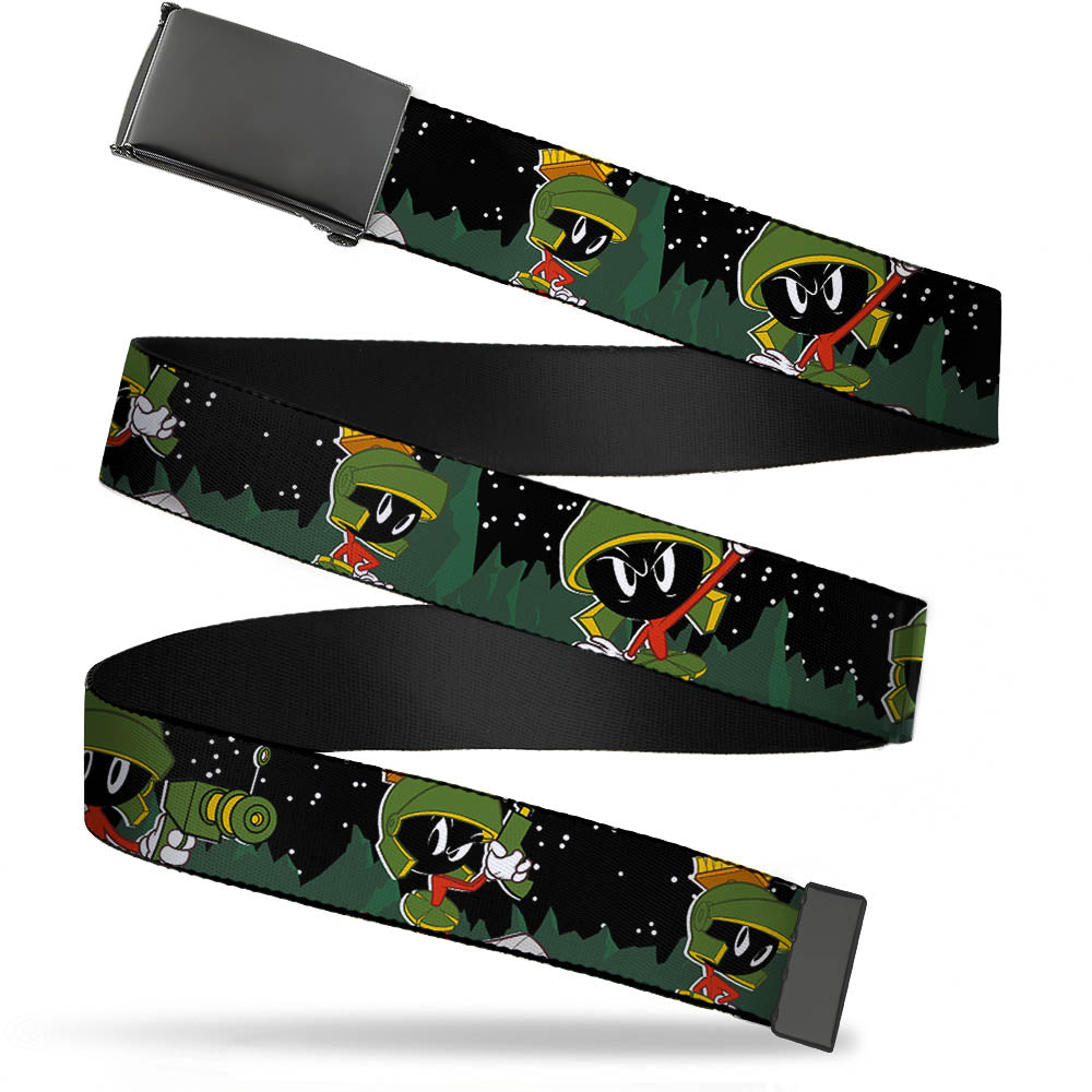 Black Buckle Web Belt - Marvin the Martian 4-Poses Mars Landscape Black/White/Greens Webbing Web Belts Looney Tunes   